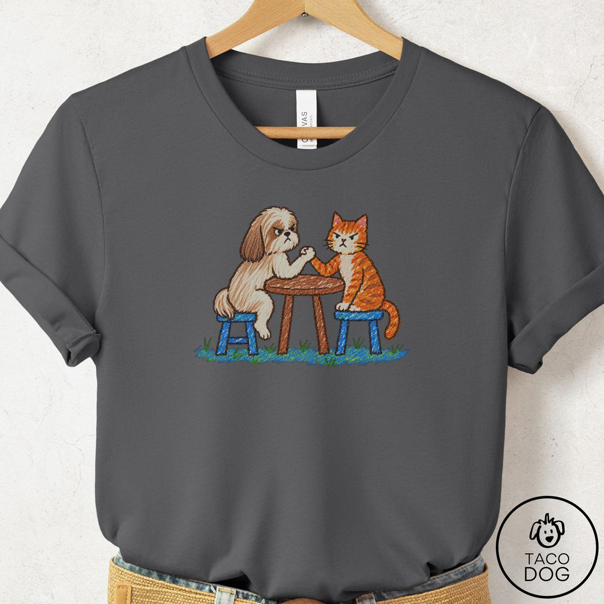 Shih Tzu Arm Wrestling T-Shirt Asphalt Taco-Dog