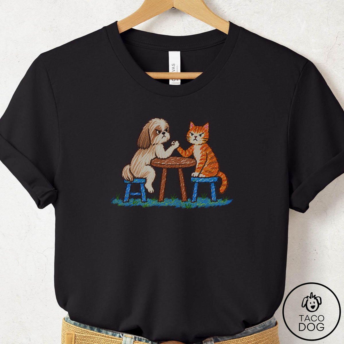 Shih Tzu Arm Wrestling T-Shirt Black Taco-Dog