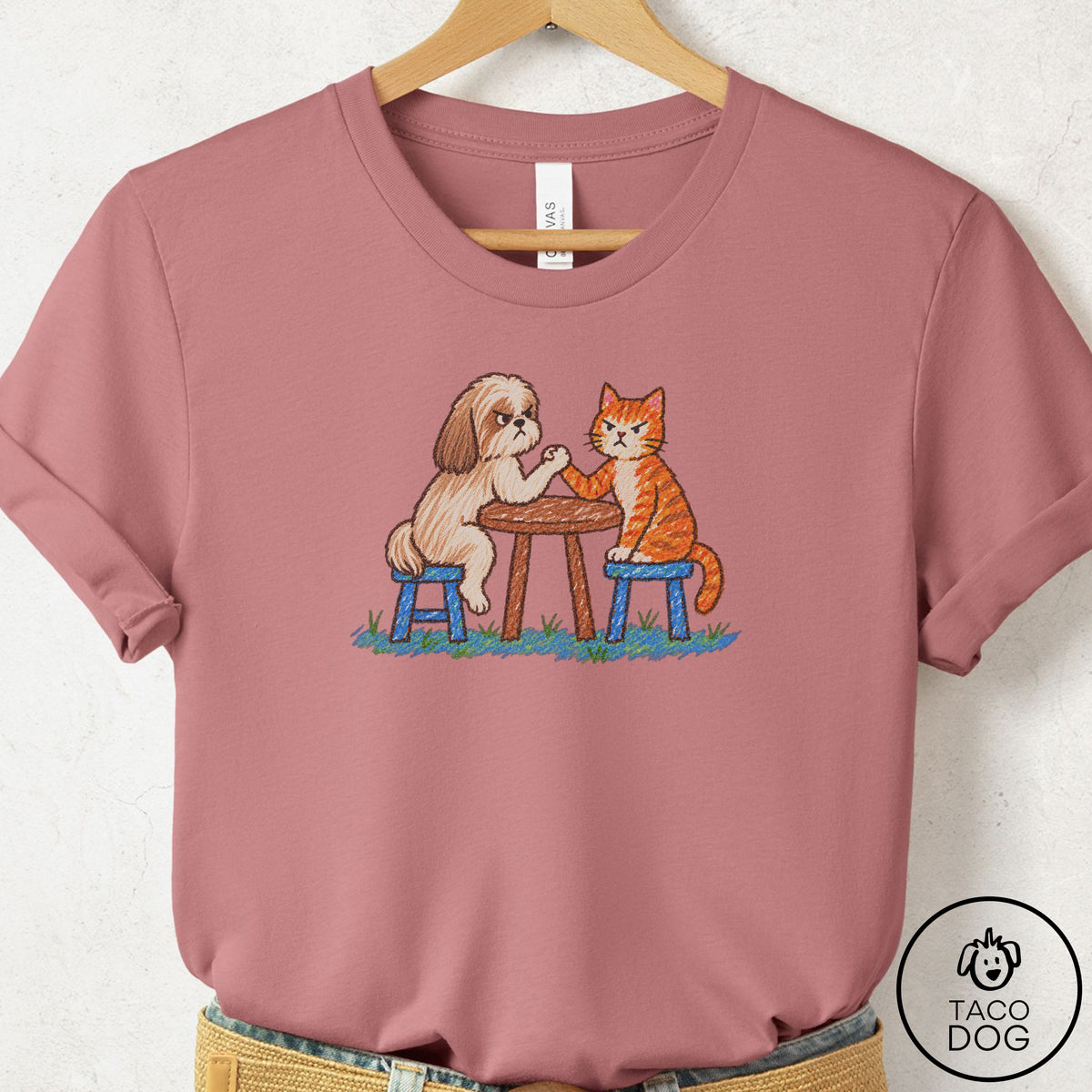 Shih Tzu Arm Wrestling T-Shirt Mauve Taco-Dog