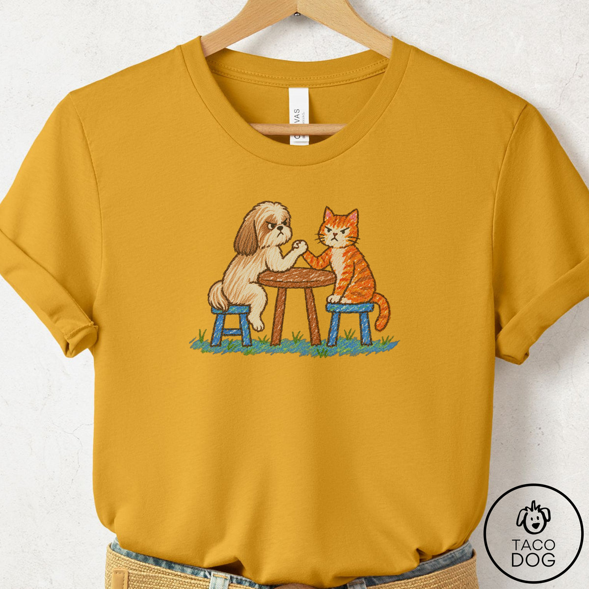 Shih Tzu Arm Wrestling T-Shirt Mustard Taco-Dog