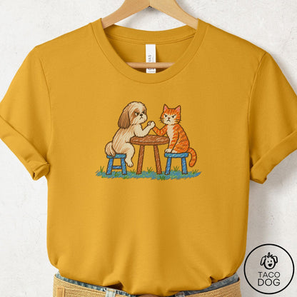 Shih Tzu Arm Wrestling T-Shirt Mustard Taco-Dog