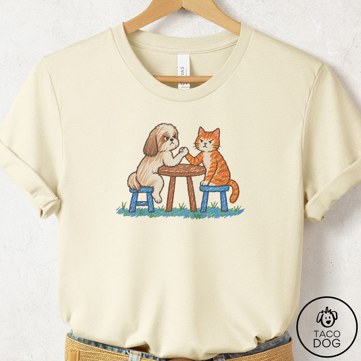 Shih Tzu Arm Wrestling T-Shirt Natural Taco-Dog