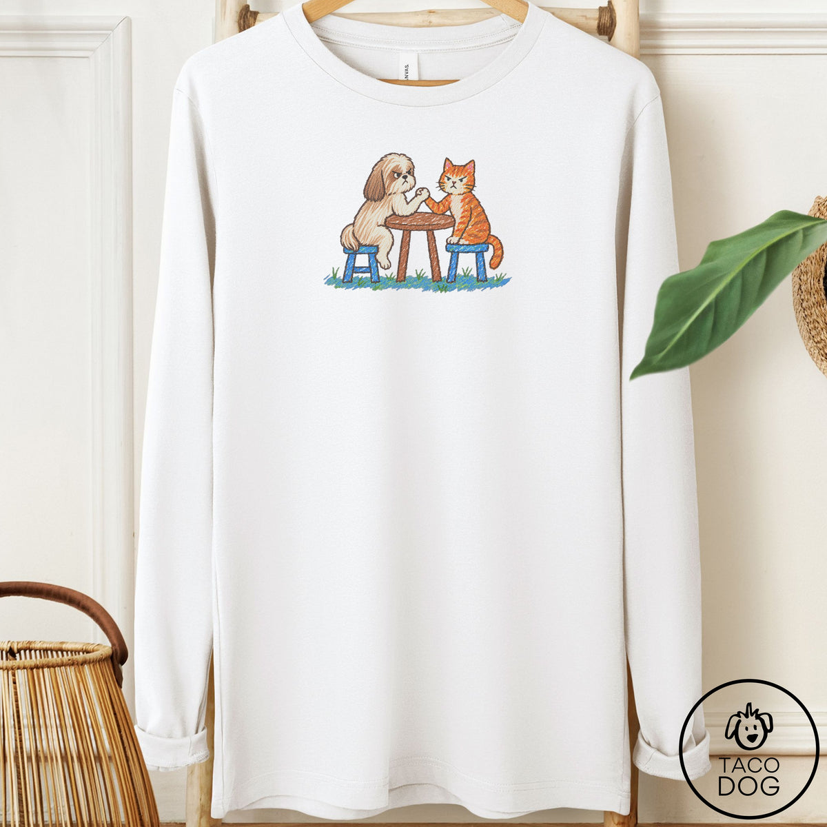 Shih Tzu Arm Wrestling Long Sleeve Tee White Taco-Dog