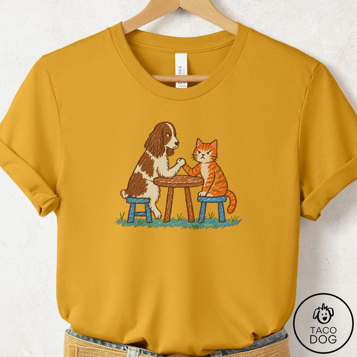 Springer Spaniel Arm Wrestling T-Shirt Mustard Taco-Dog