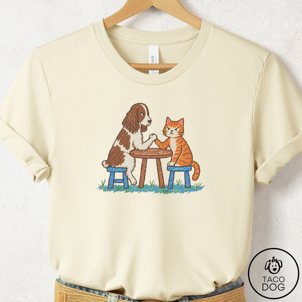 Springer Spaniel Arm Wrestling T-Shirt Natural Taco-Dog