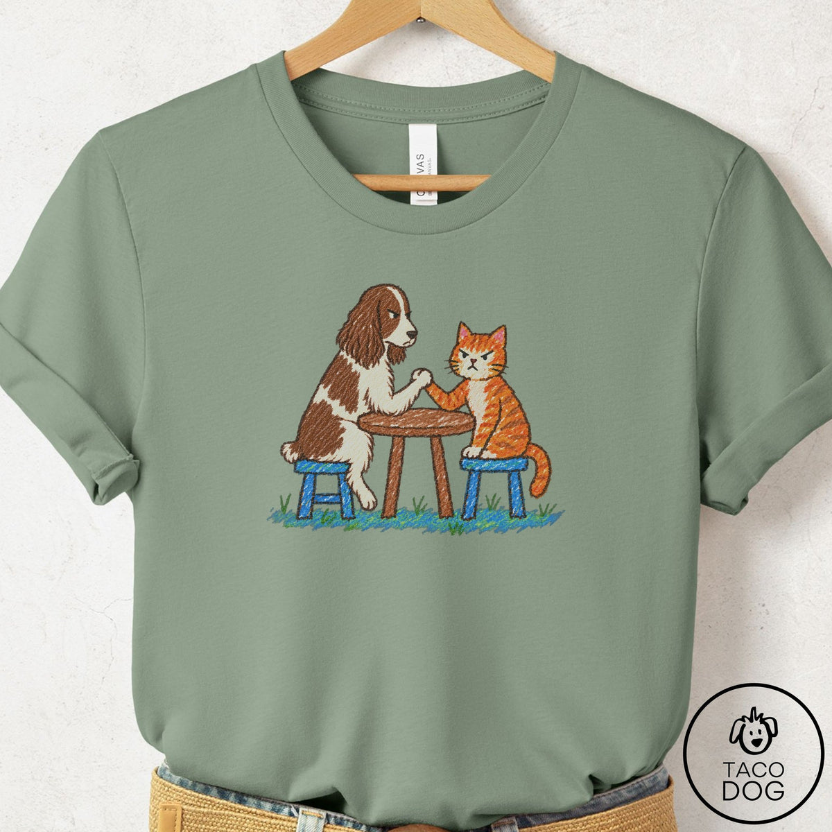 Springer Spaniel Arm Wrestling T-Shirt Sage Taco-Dog