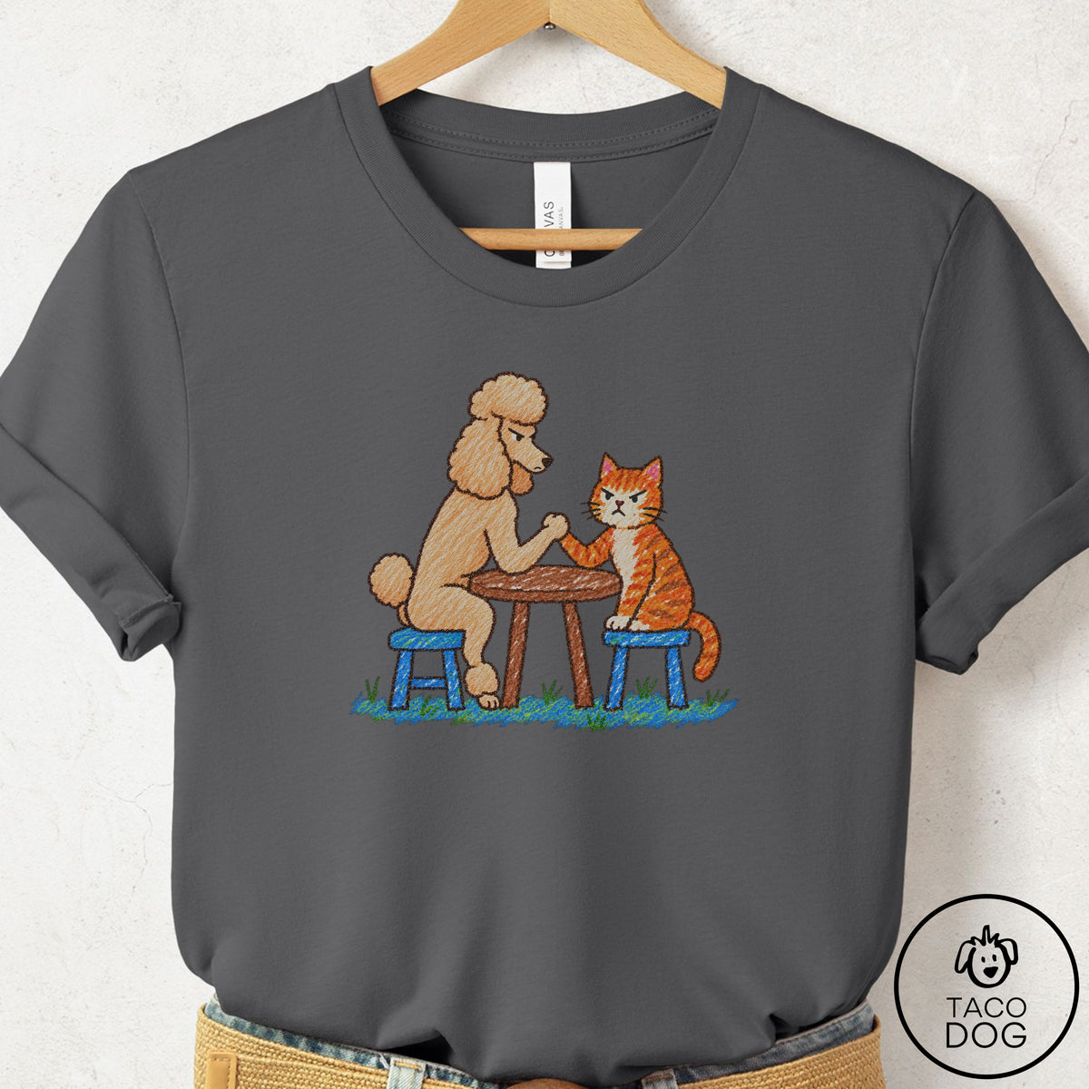 Poodle Arm Wrestling T-Shirt, design close-up
