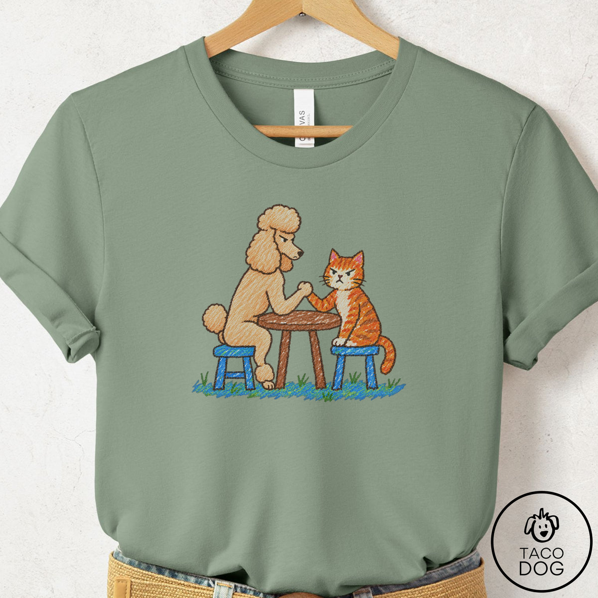 Poodle Arm Wrestling T-Shirt Sage Taco-Dog