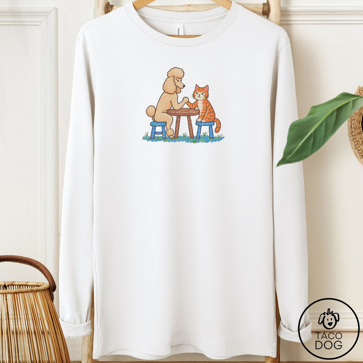 Poodle Arm Wrestling Long Sleeve Tee White Taco-Dog