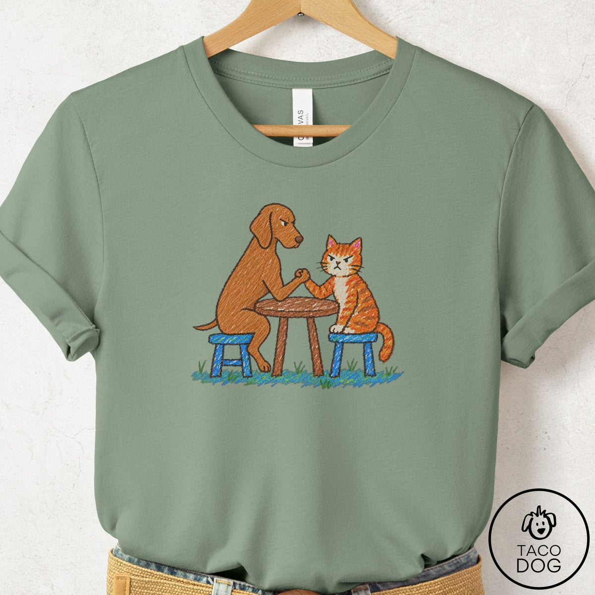 Vizsla Arm Wrestling T-Shirt Sage Taco-Dog