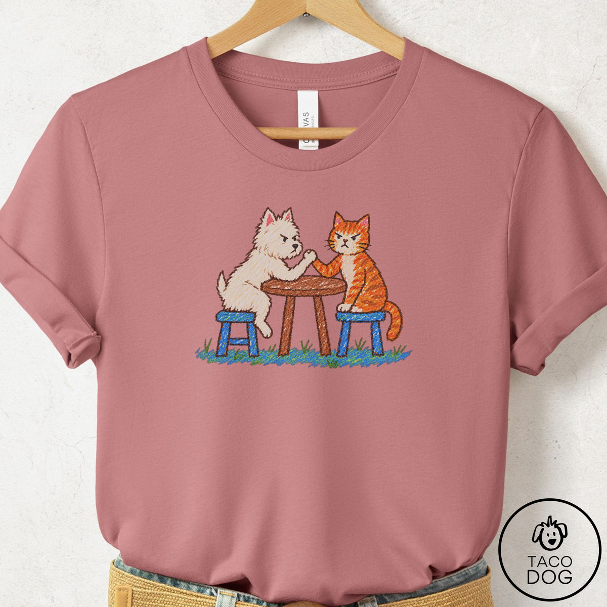 Westie Arm Wrestling T-Shirt Mauve Taco-Dog