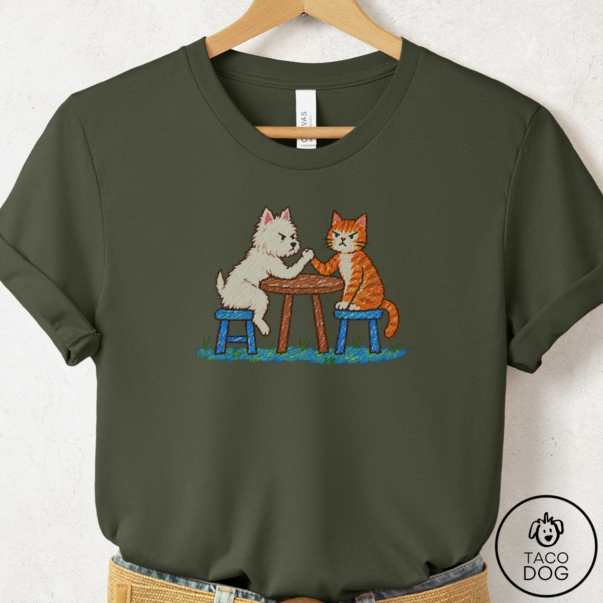 Westie Arm Wrestling T-Shirt Military Green Taco-Dog