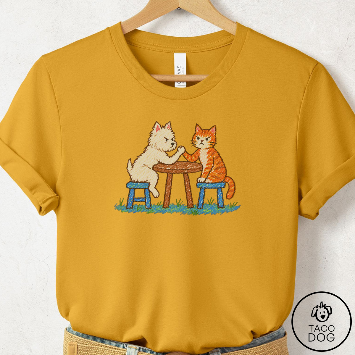 Westie Arm Wrestling T-Shirt Mustard Taco-Dog