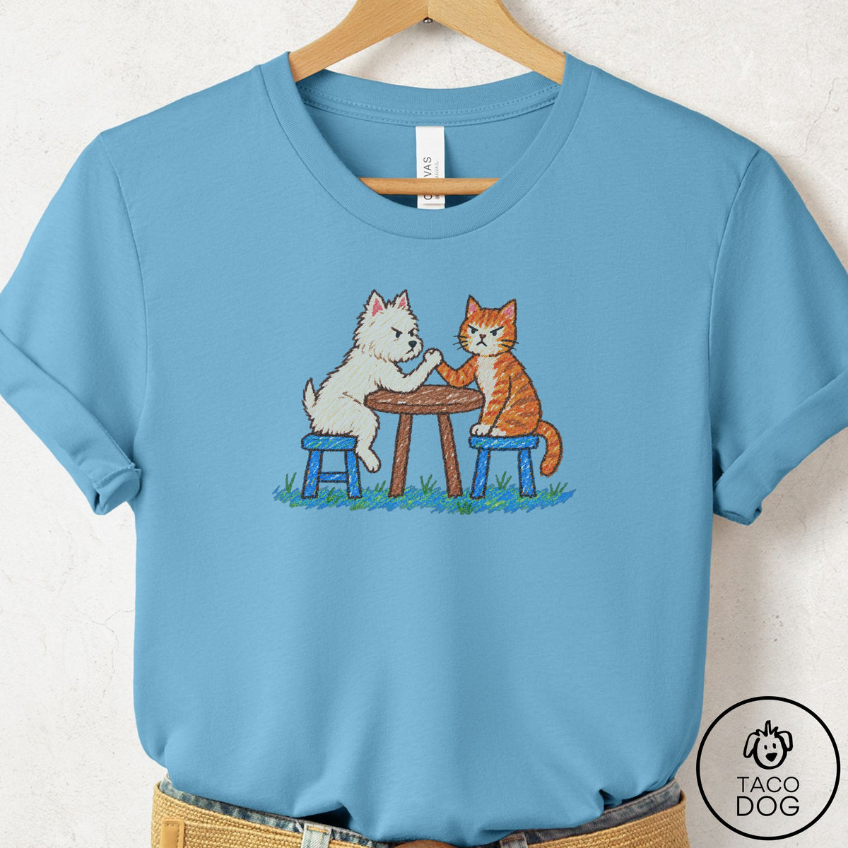 Westie Arm Wrestling T-Shirt Ocean Blue Taco-Dog