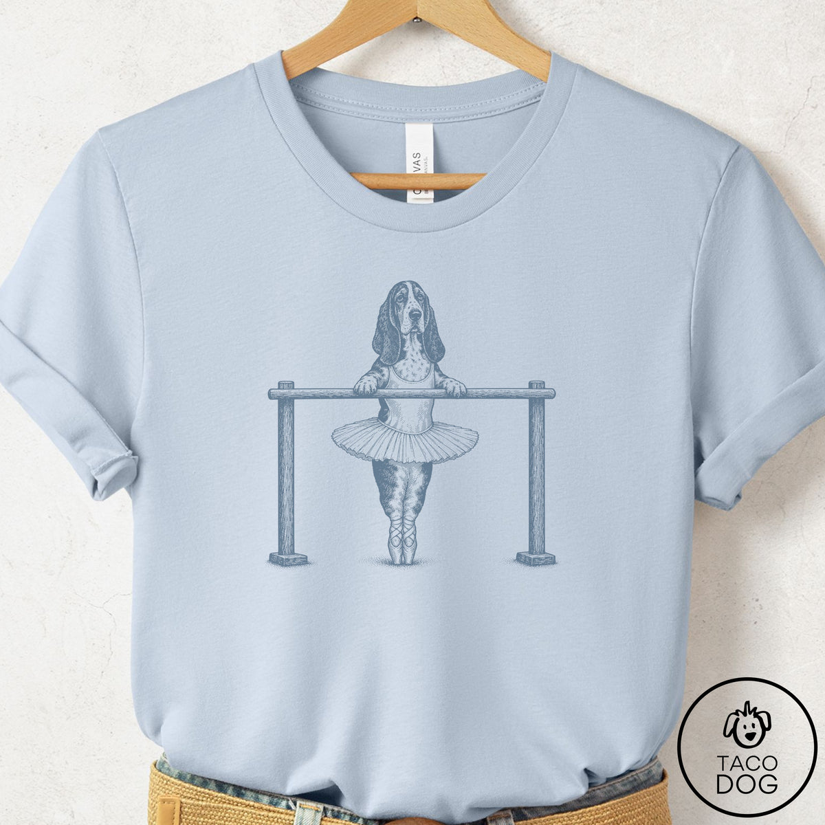 Basset Hound Ballet T-Shirt Light Blue Taco-Dog