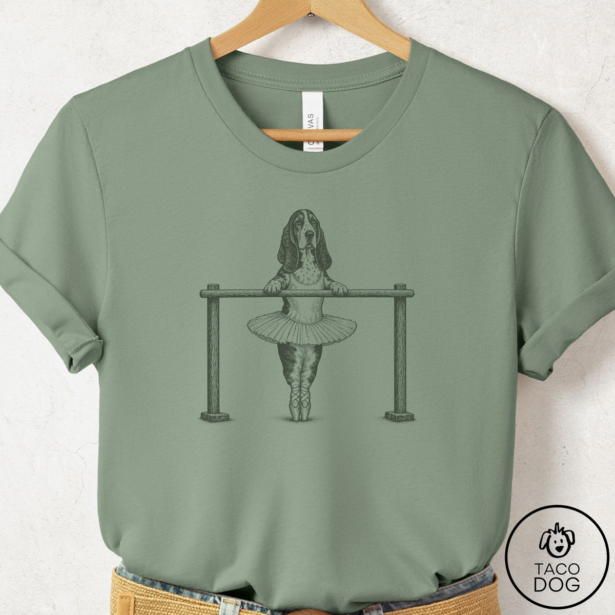 Basset Hound Ballet T-Shirt Sage Taco-Dog