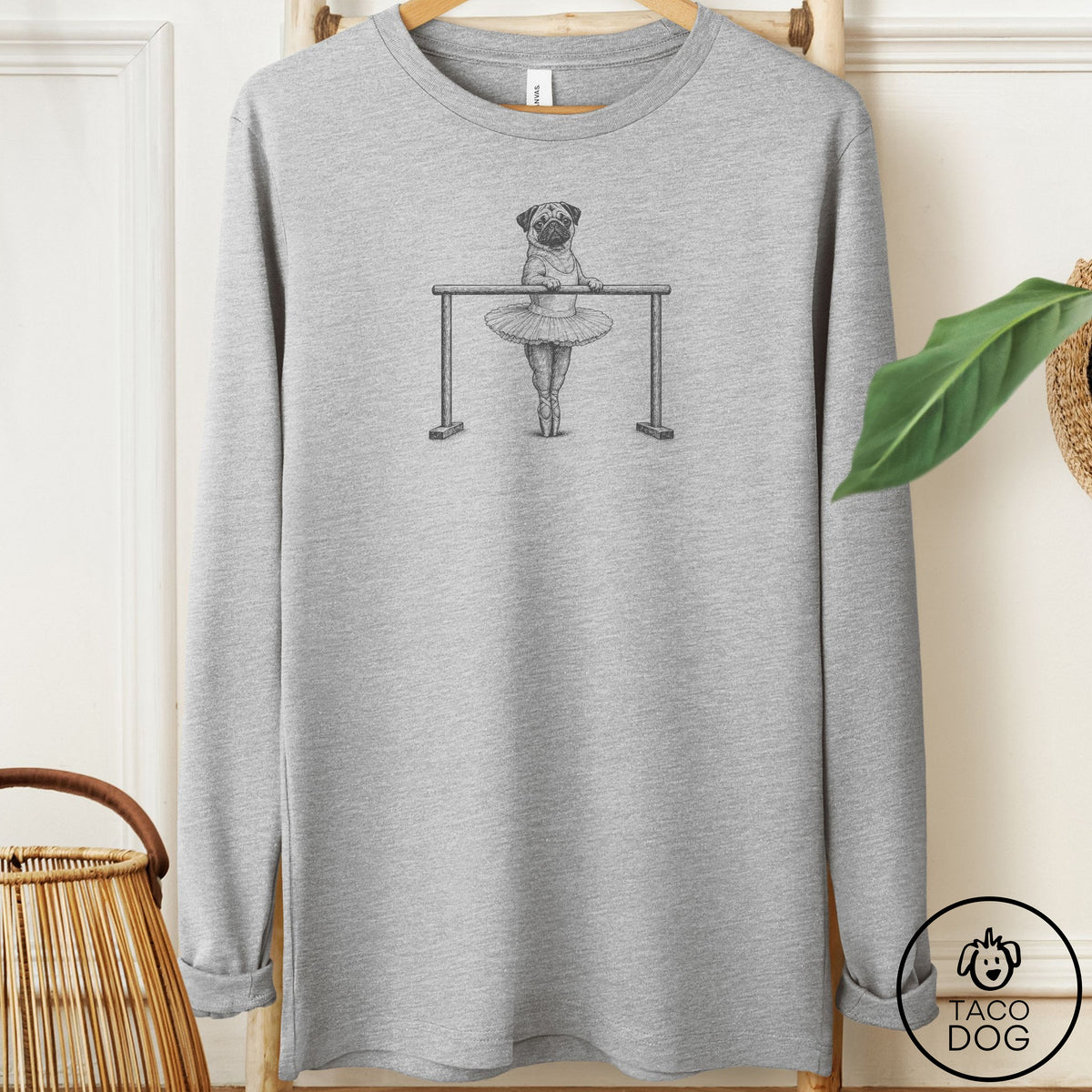 Pug Ballet Long Sleeve Tee Athletic Heather Taco-Dog