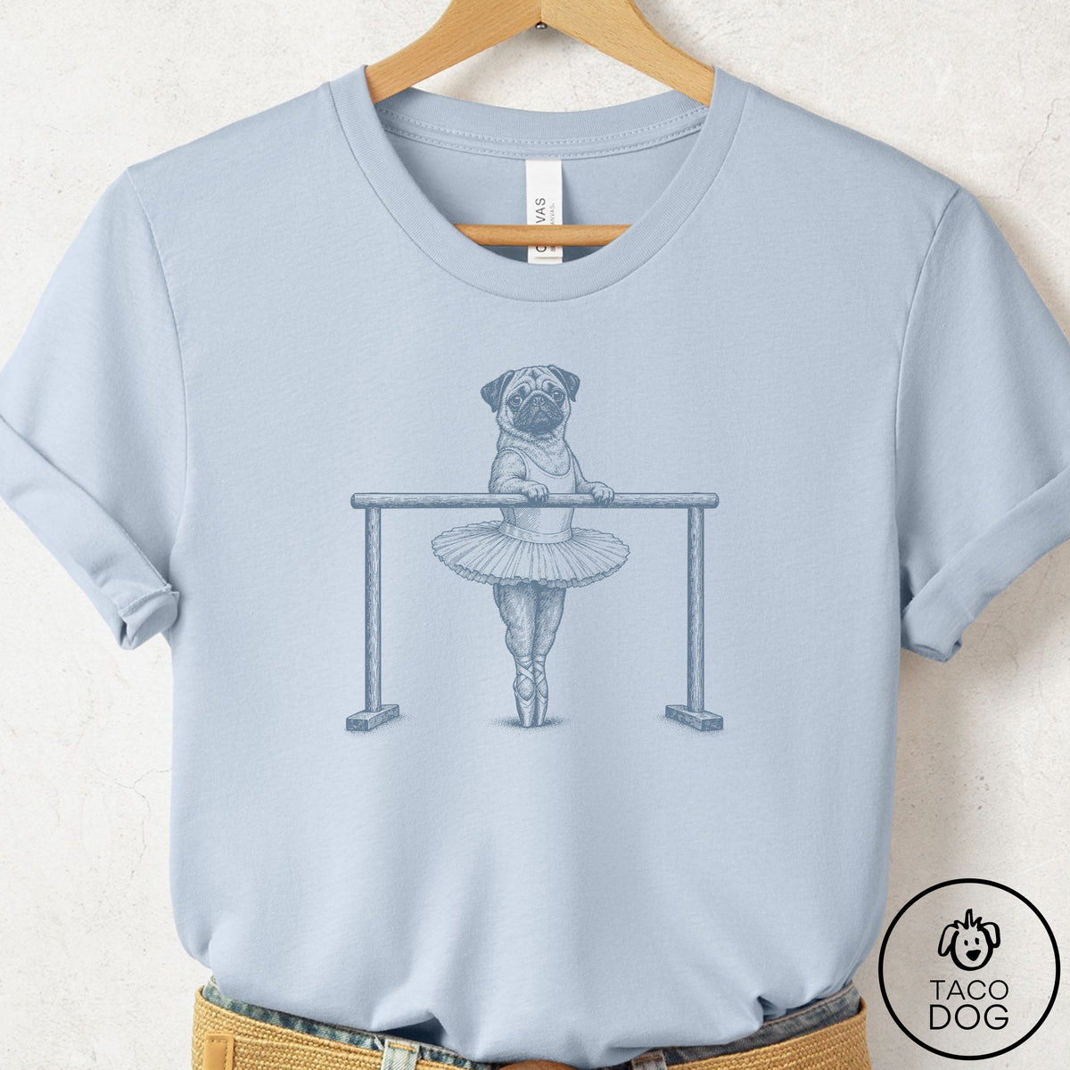 Pug Ballet T-Shirt Light Blue Taco-Dog