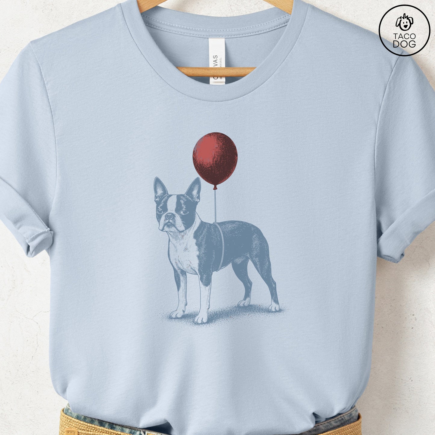 Boston Terrier Balloon T-Shirt Light Blue S Taco-Dog
