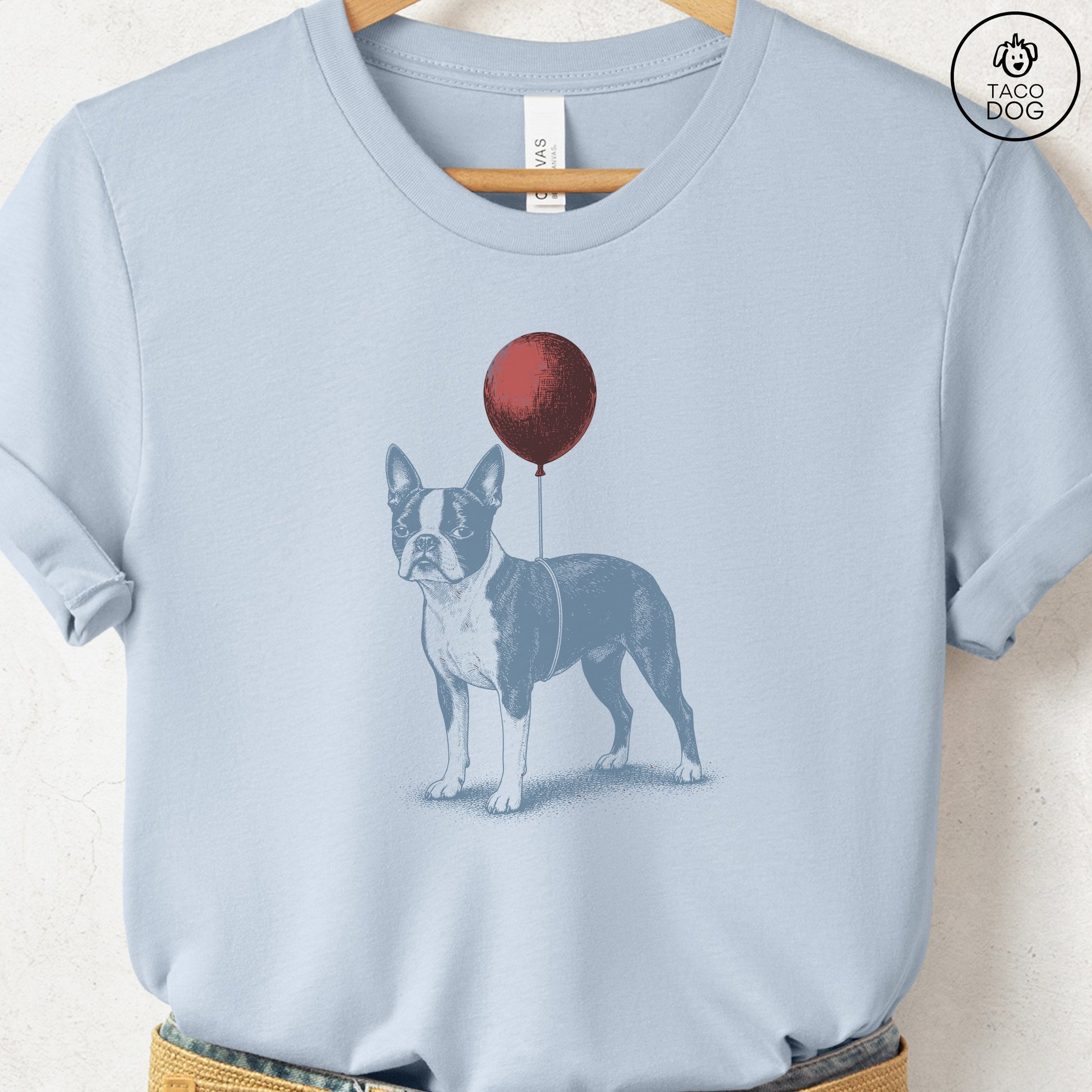 Boston Terrier Balloon T-Shirt Light Blue S Taco-Dog