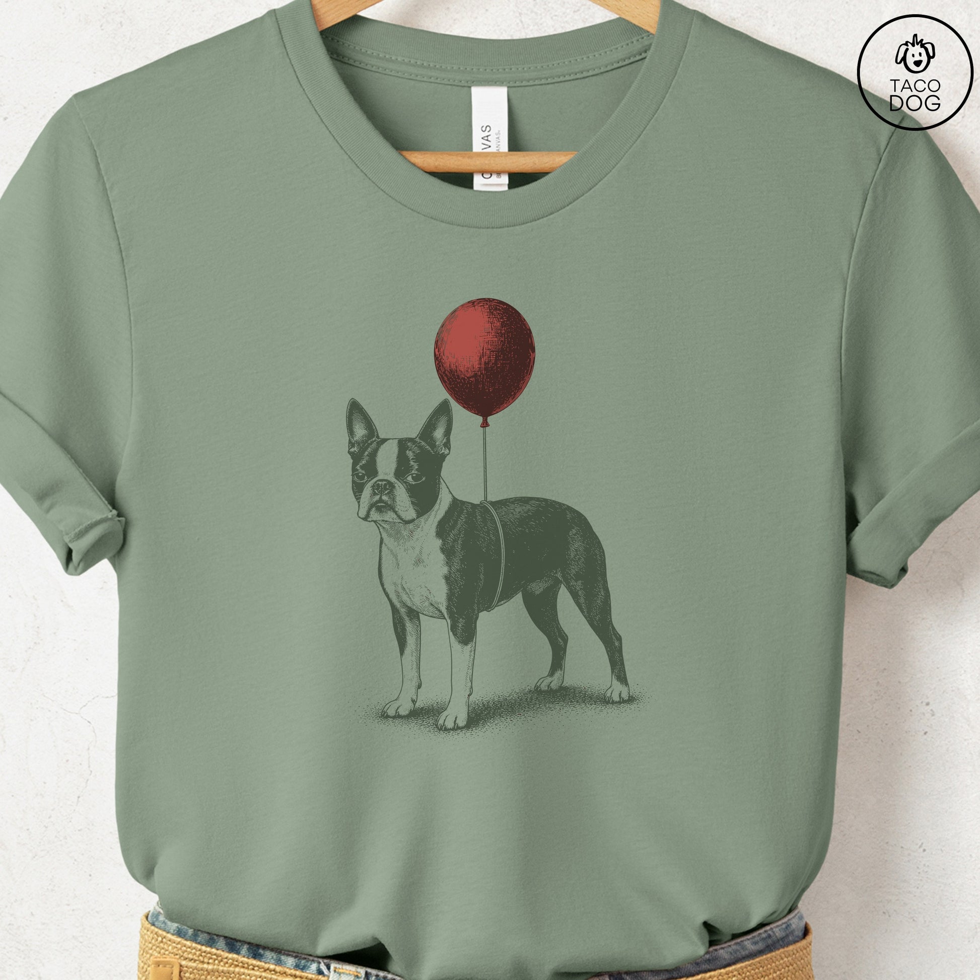 Boston Terrier Balloon T-Shirt Sage S Taco-Dog
