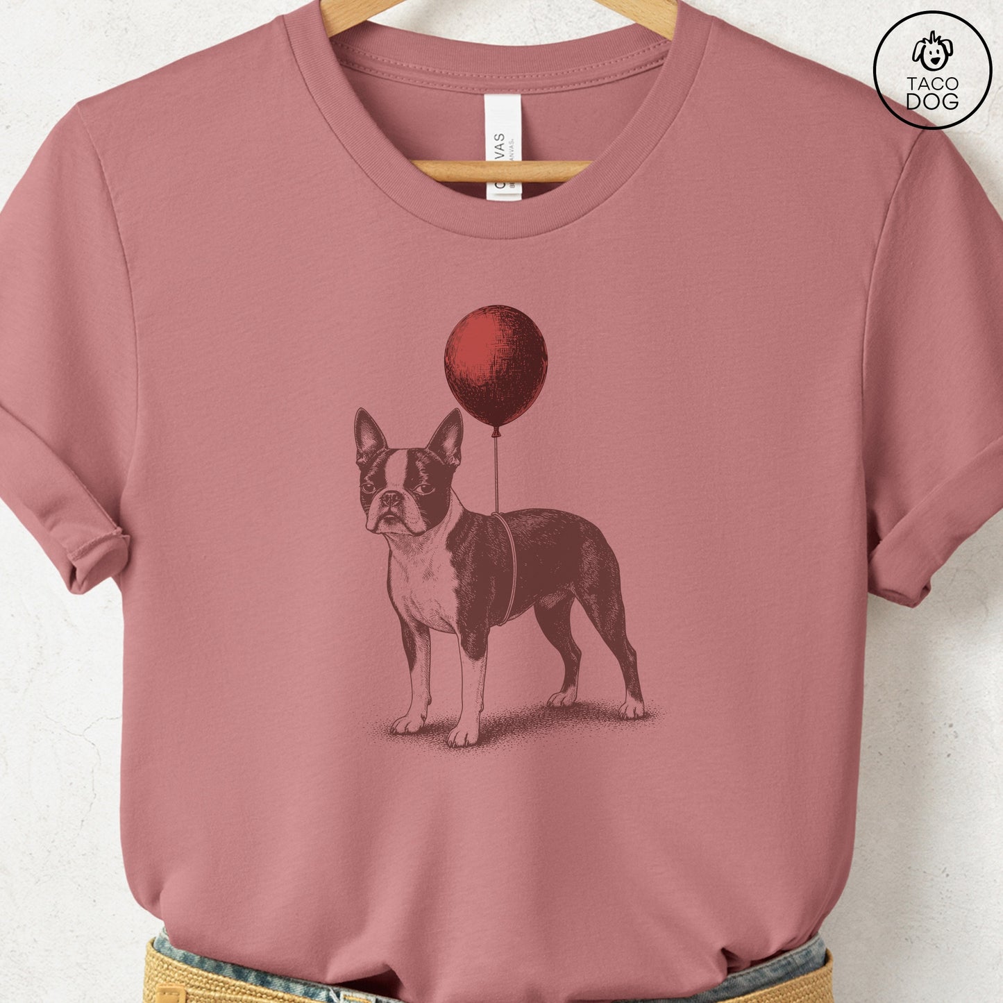 Boston Terrier Balloon T-Shirt Heather Mauve S Taco-Dog