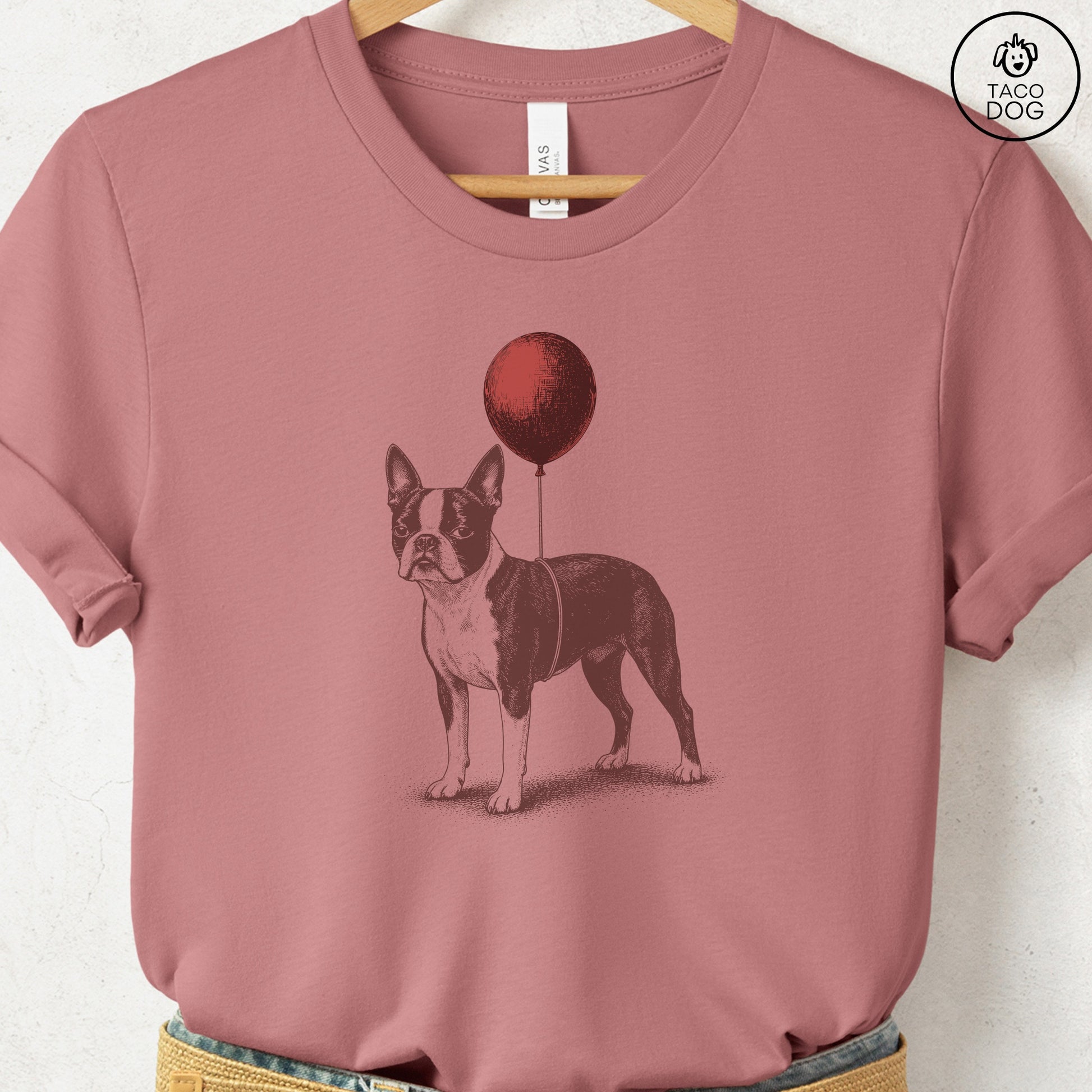 Boston Terrier Balloon T-Shirt Heather Mauve S Taco-Dog