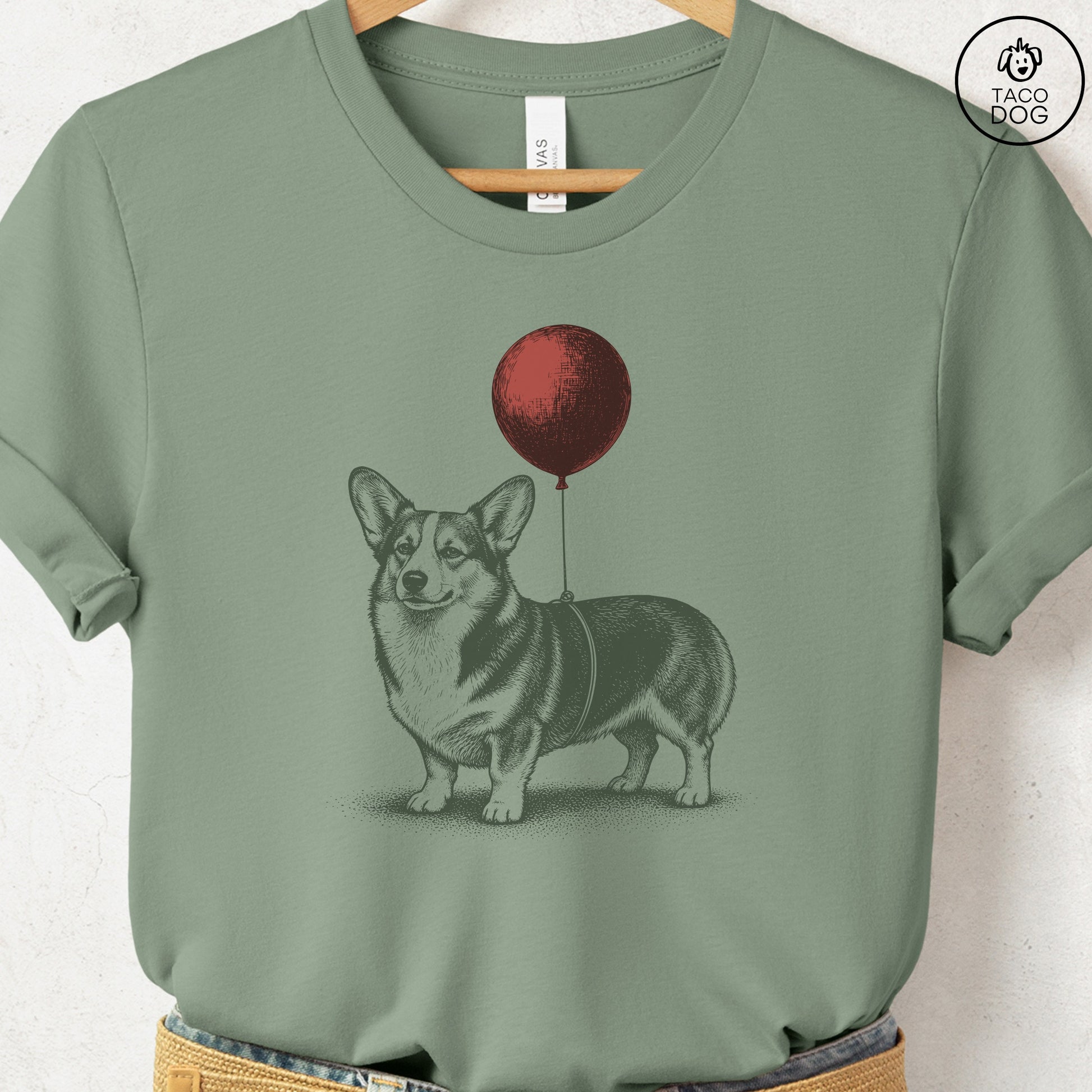 Corgi Balloon T-Shirt Sage S Taco-Dog