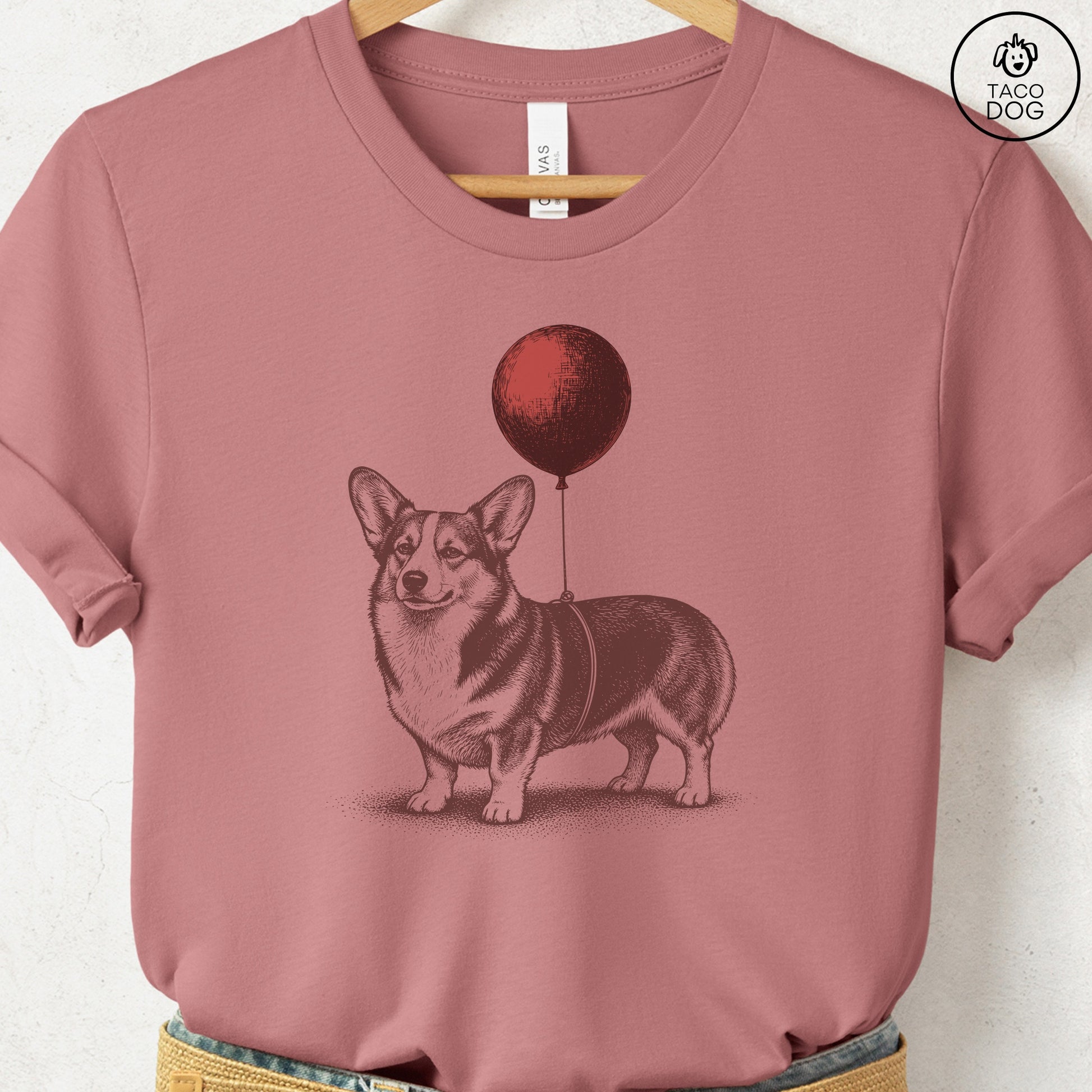 Corgi Balloon T-Shirt Heather Mauve S Taco-Dog