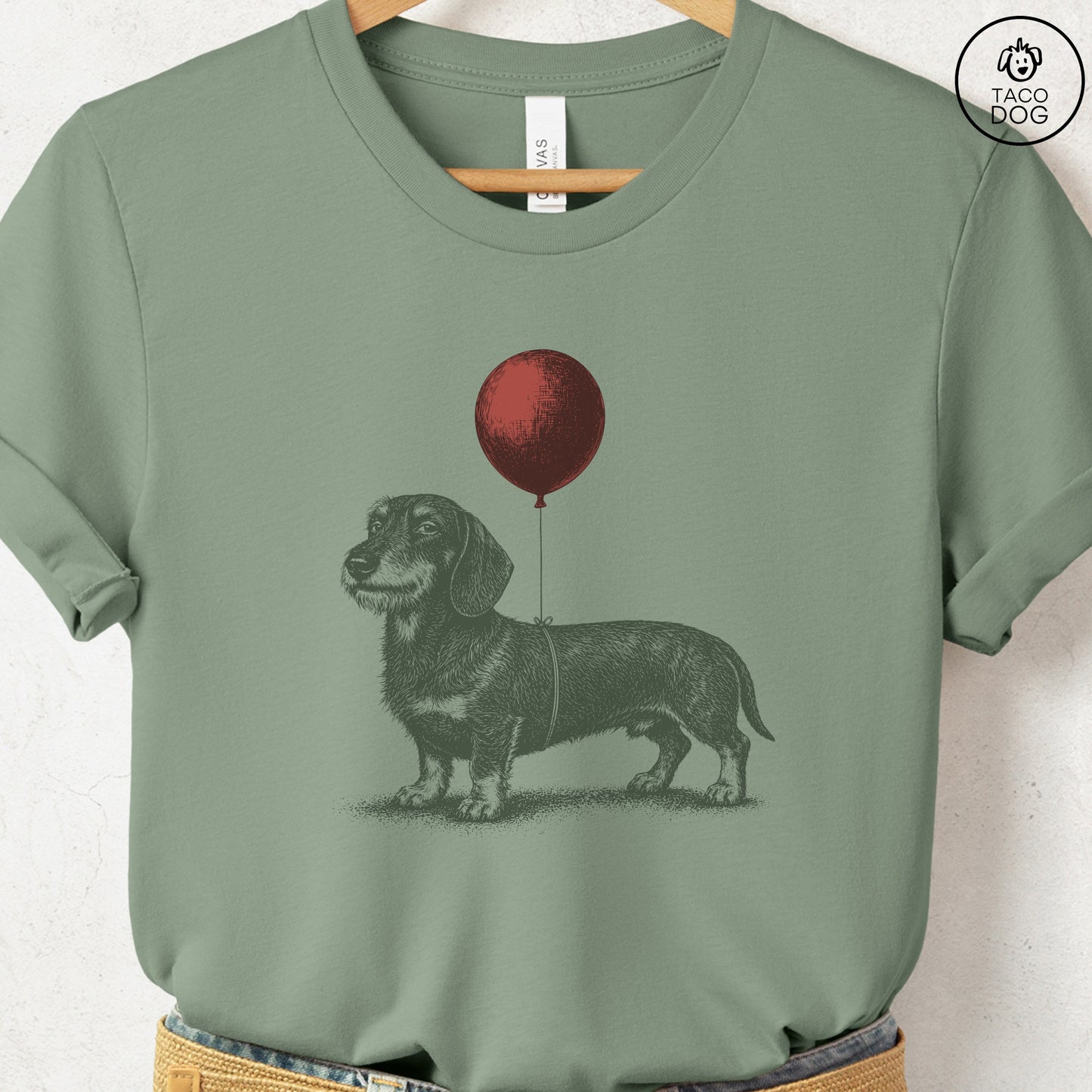 Dachshund Balloon T-Shirt Sage S Taco-Dog