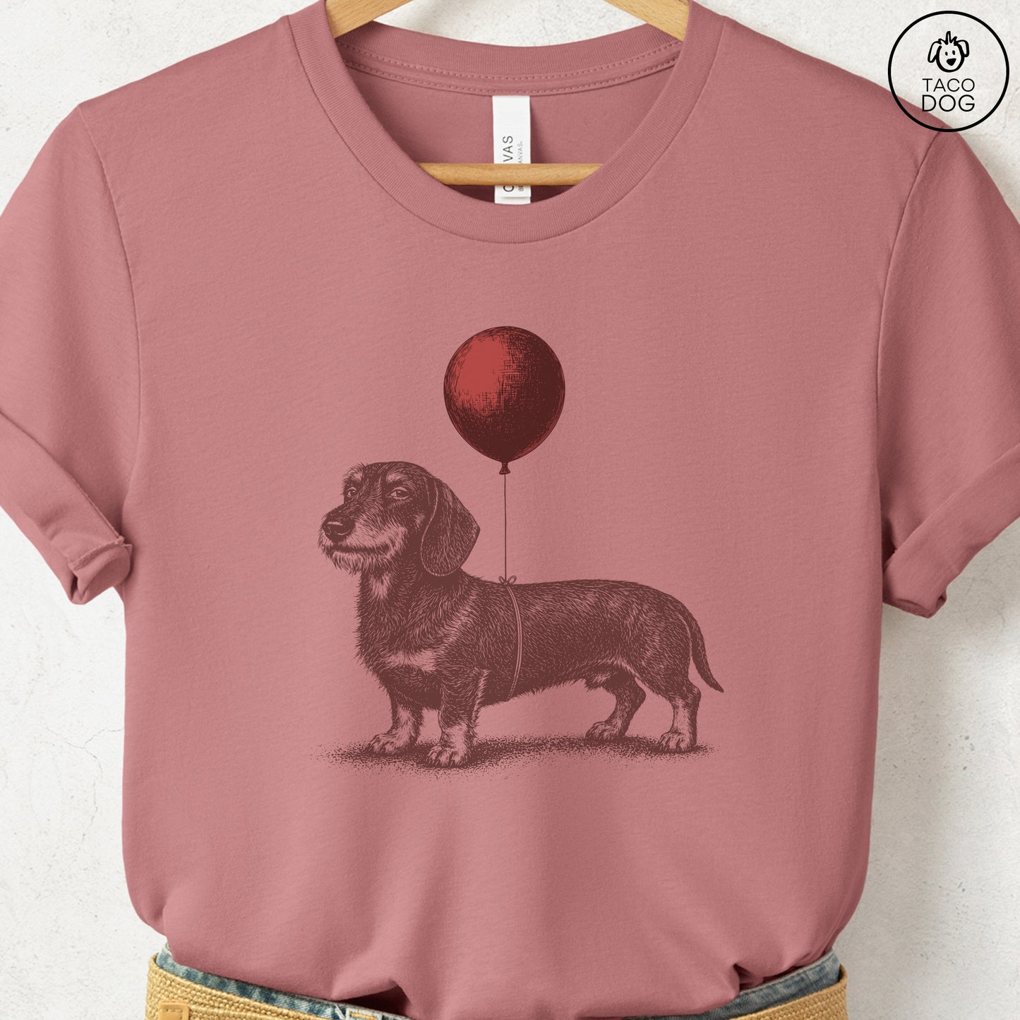Dachshund Balloon T-Shirt Heather Mauve S Taco-Dog