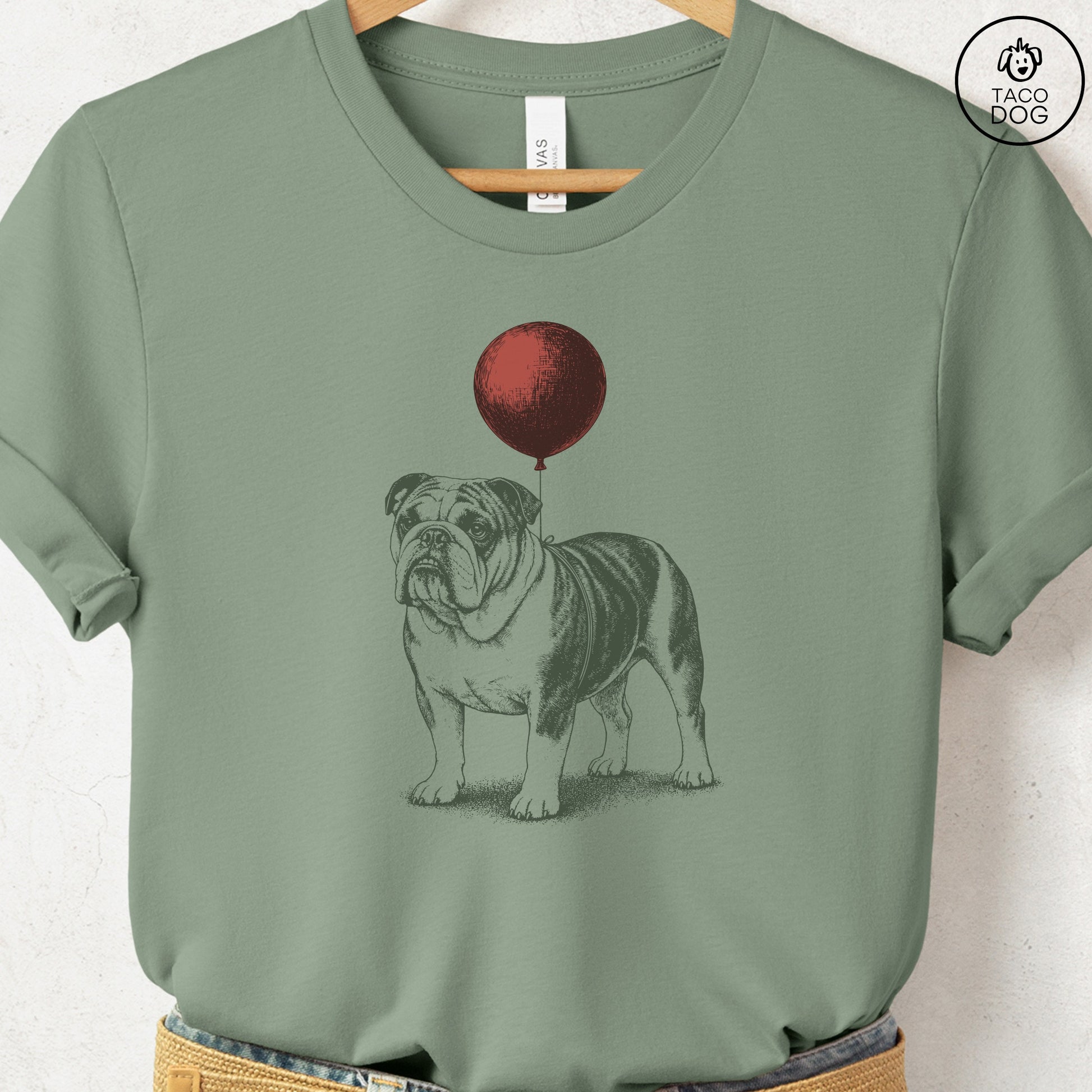 English Bulldog Balloon T-Shirt Sage S Taco-Dog