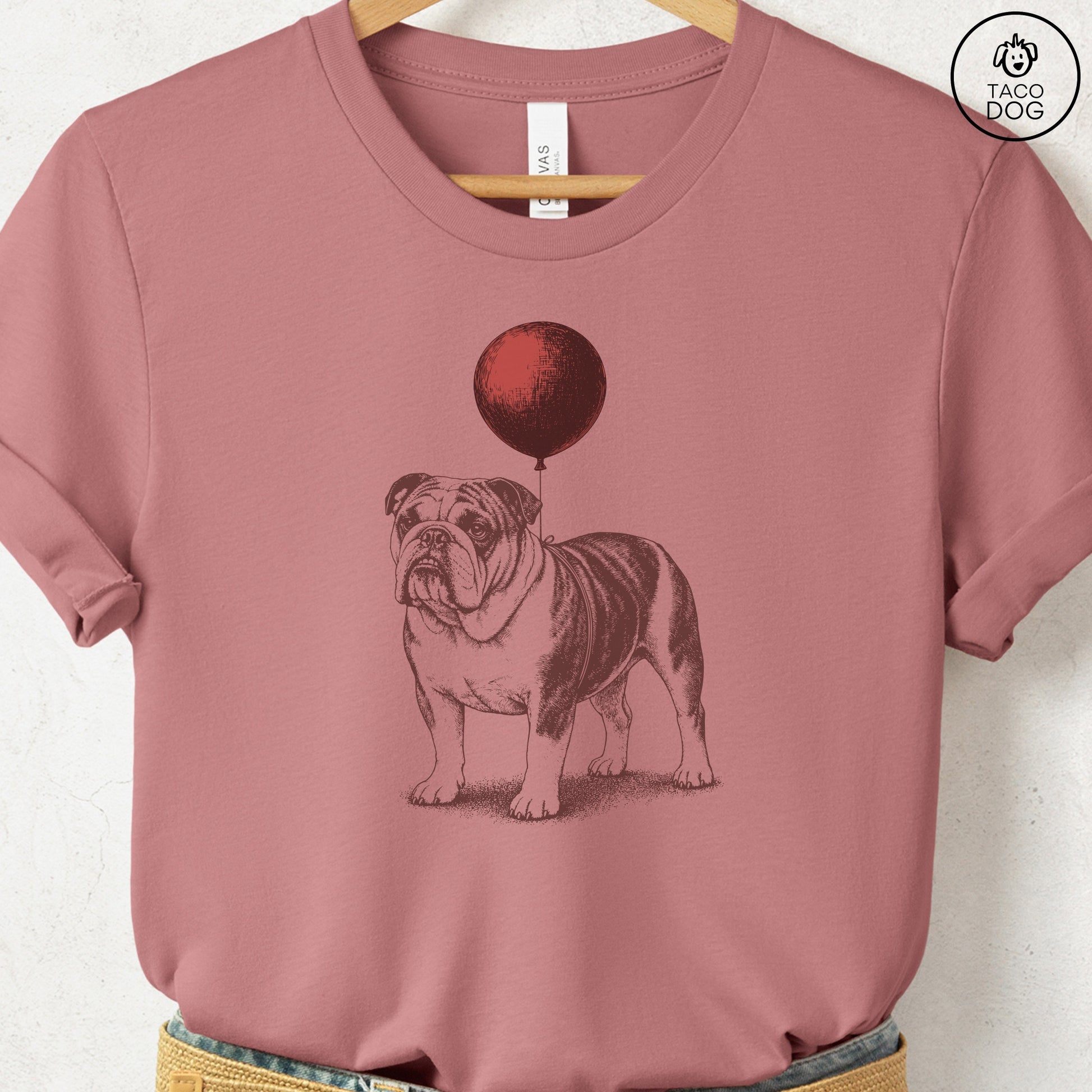 English Bulldog Balloon T-Shirt Heather Mauve S Taco-Dog