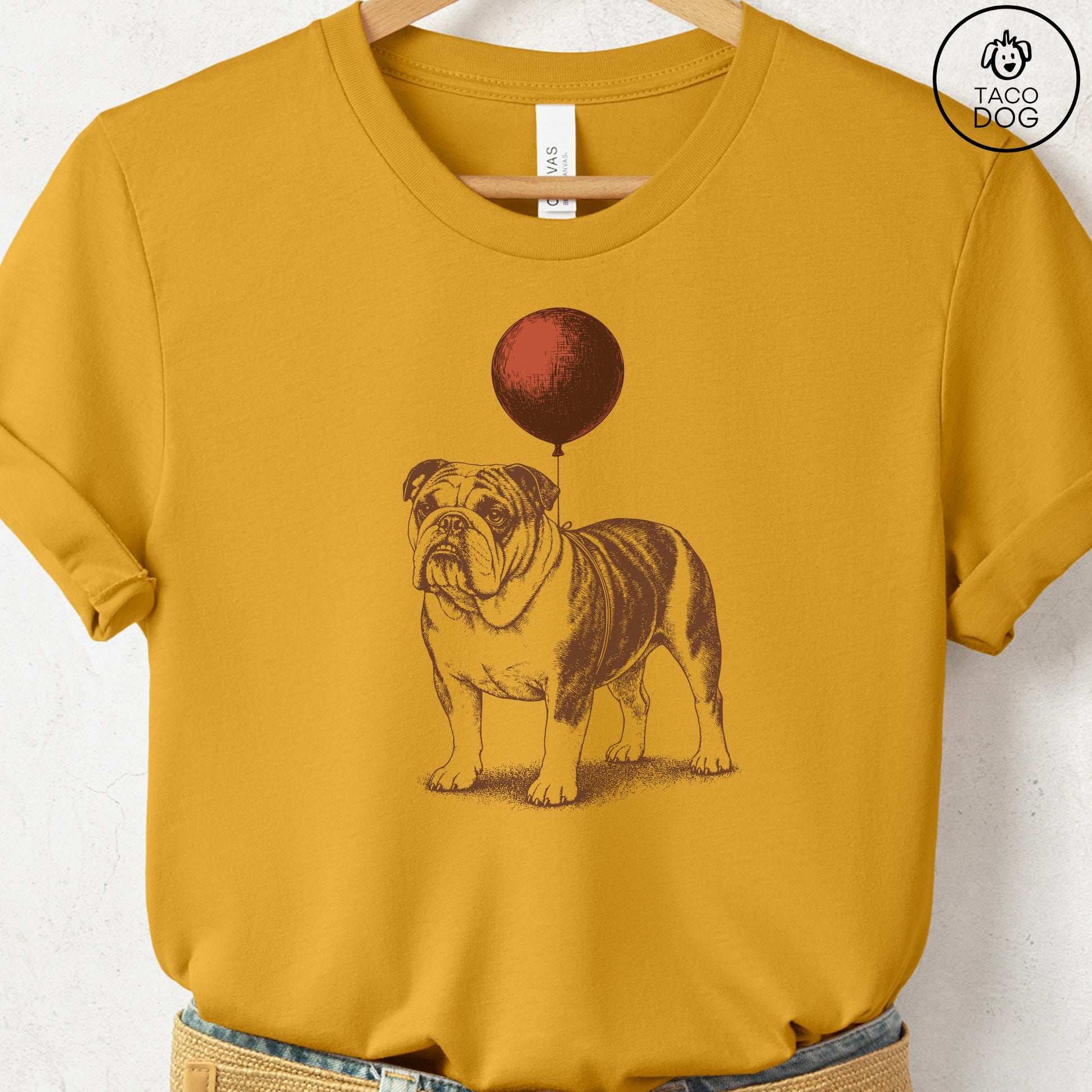 English Bulldog Balloon T-Shirt Mustard S Taco-Dog