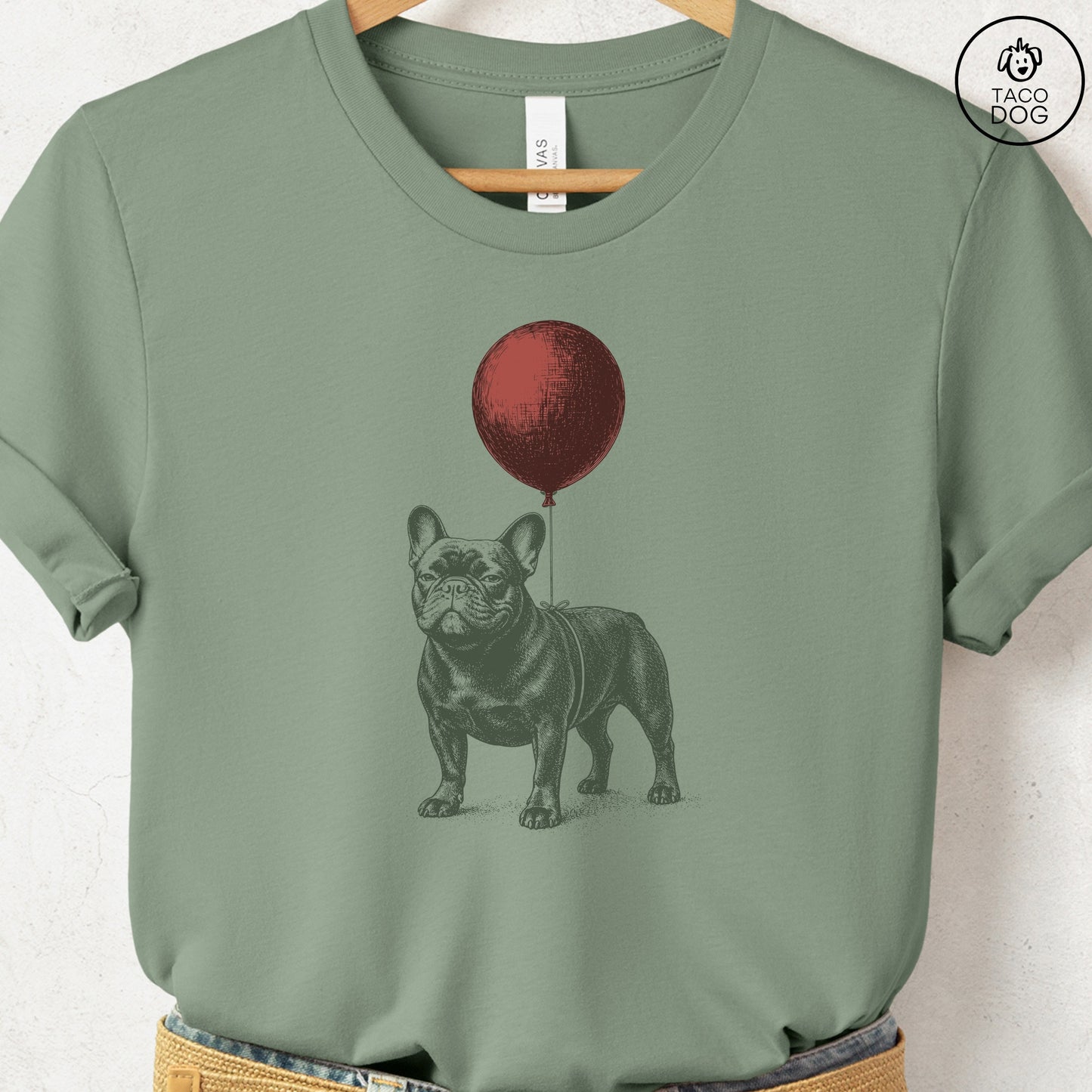 French Bulldog Frenchie Balloon T-Shirt Sage S Taco-Dog