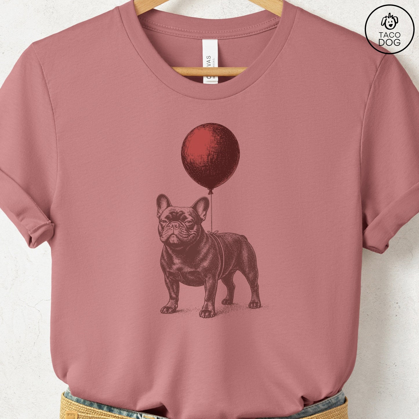 French Bulldog Frenchie Balloon T-Shirt Heather Mauve S Taco-Dog