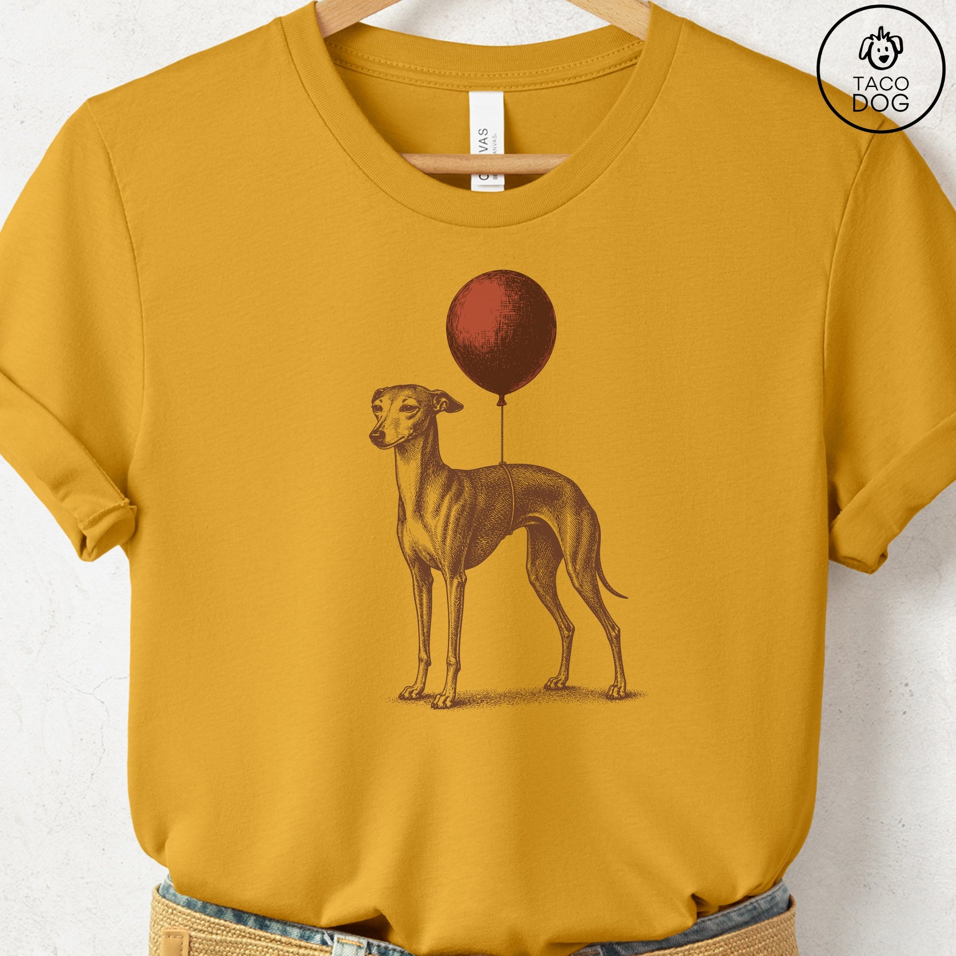 Italian Greyhound Whippet Balloon T-Shirt Mustard S Taco-Dog