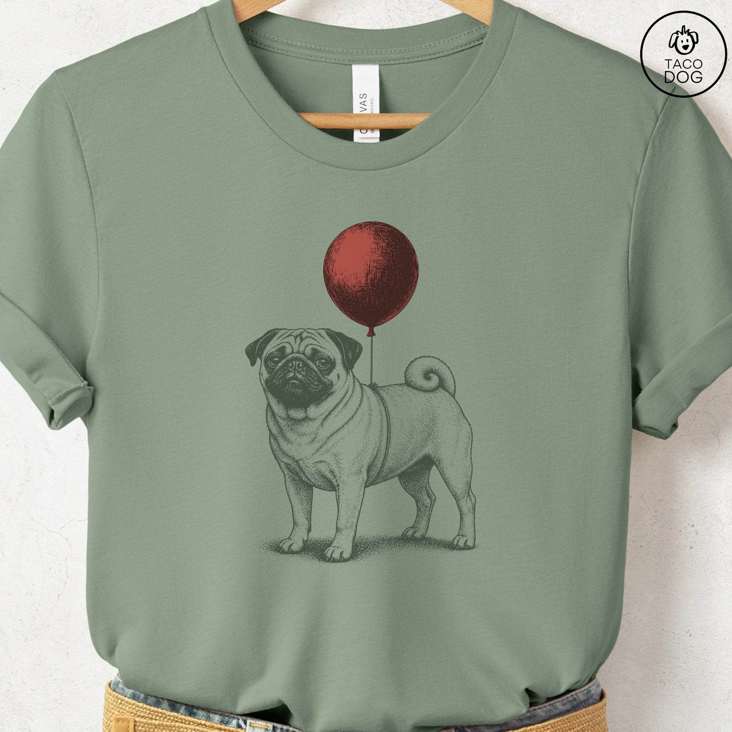 Pug Balloon T-Shirt Sage S Taco-Dog