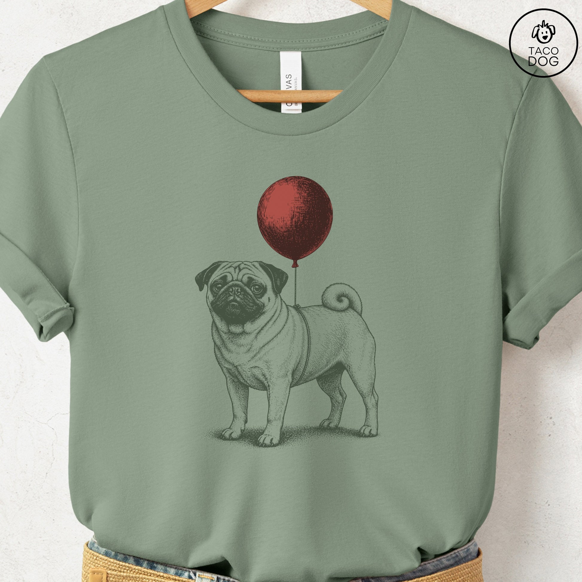 Pug Balloon T-Shirt Sage S Taco-Dog
