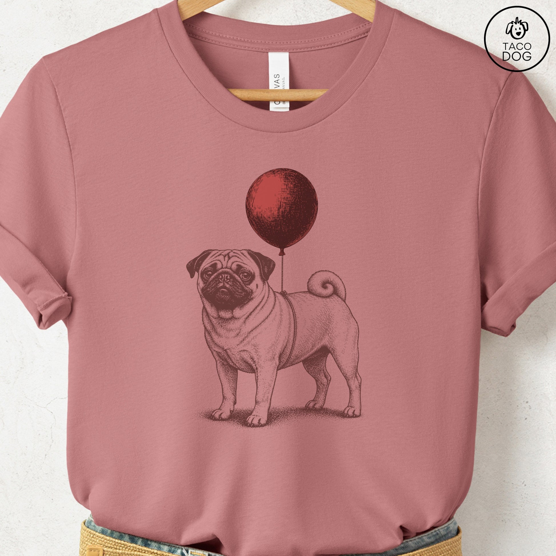 Pug Balloon T-Shirt Heather Mauve S Taco-Dog
