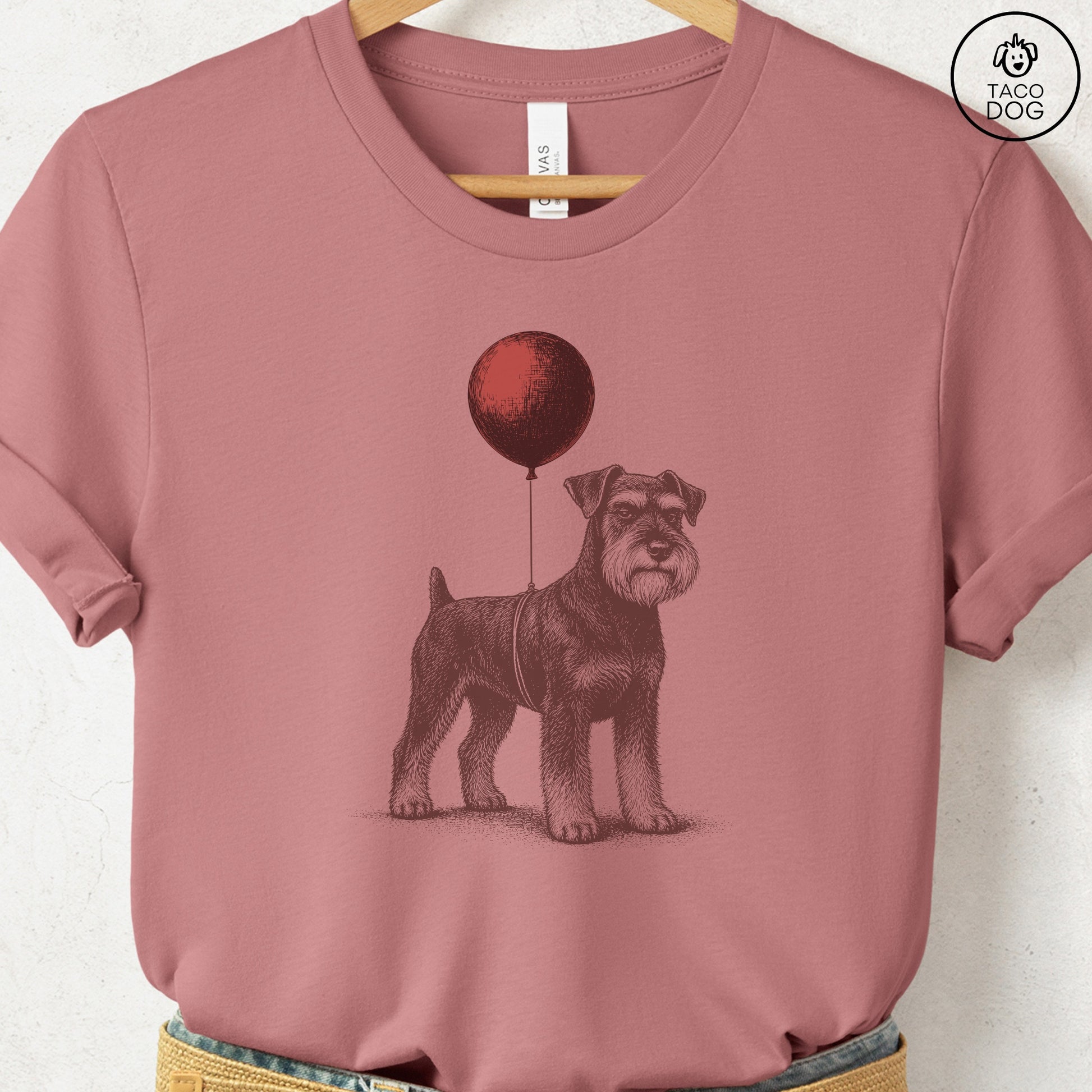 Schnauzer Balloon T-Shirt Heather Mauve S Taco-Dog