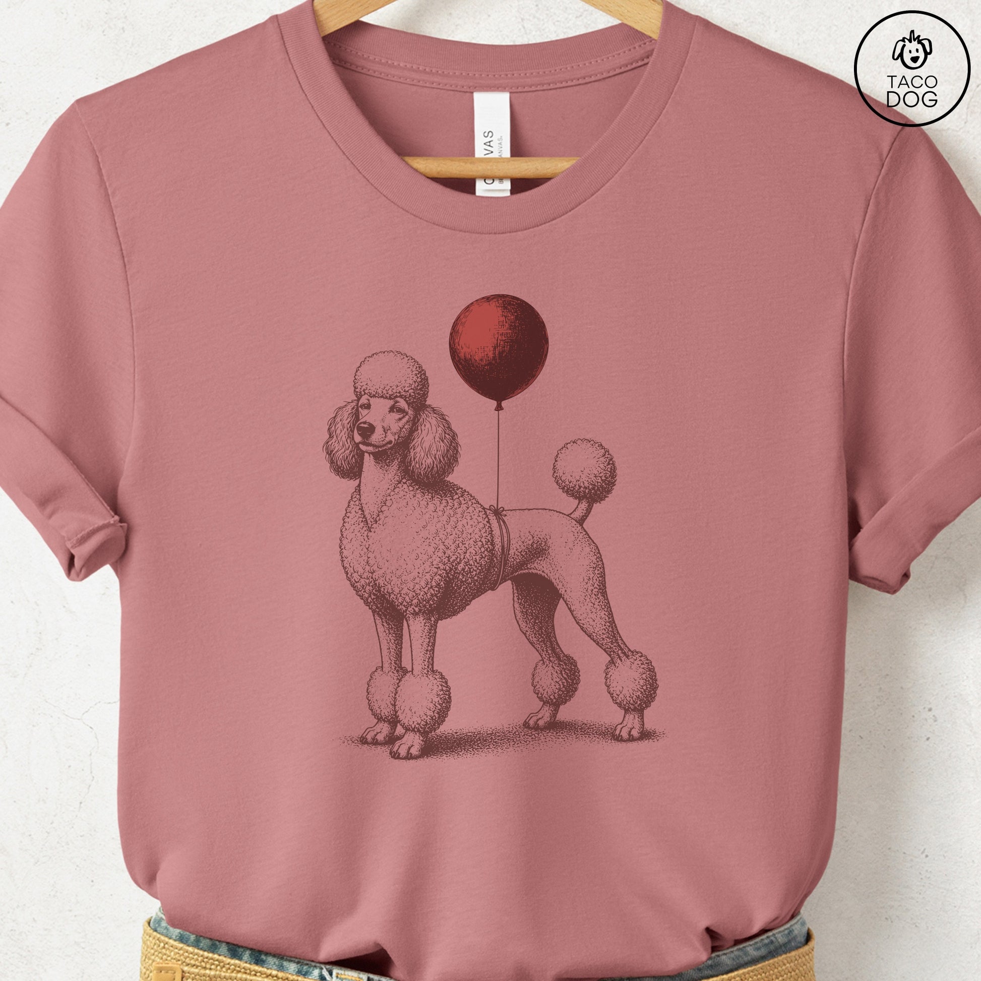 Poodle Balloon T-Shirt Heather Mauve S Taco-Dog