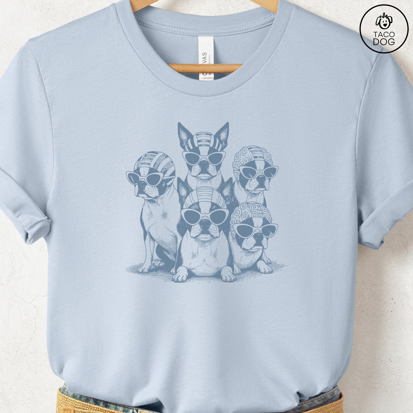 Boston Terriers Bathing Beauties T-Shirt Light Blue S Taco-Dog