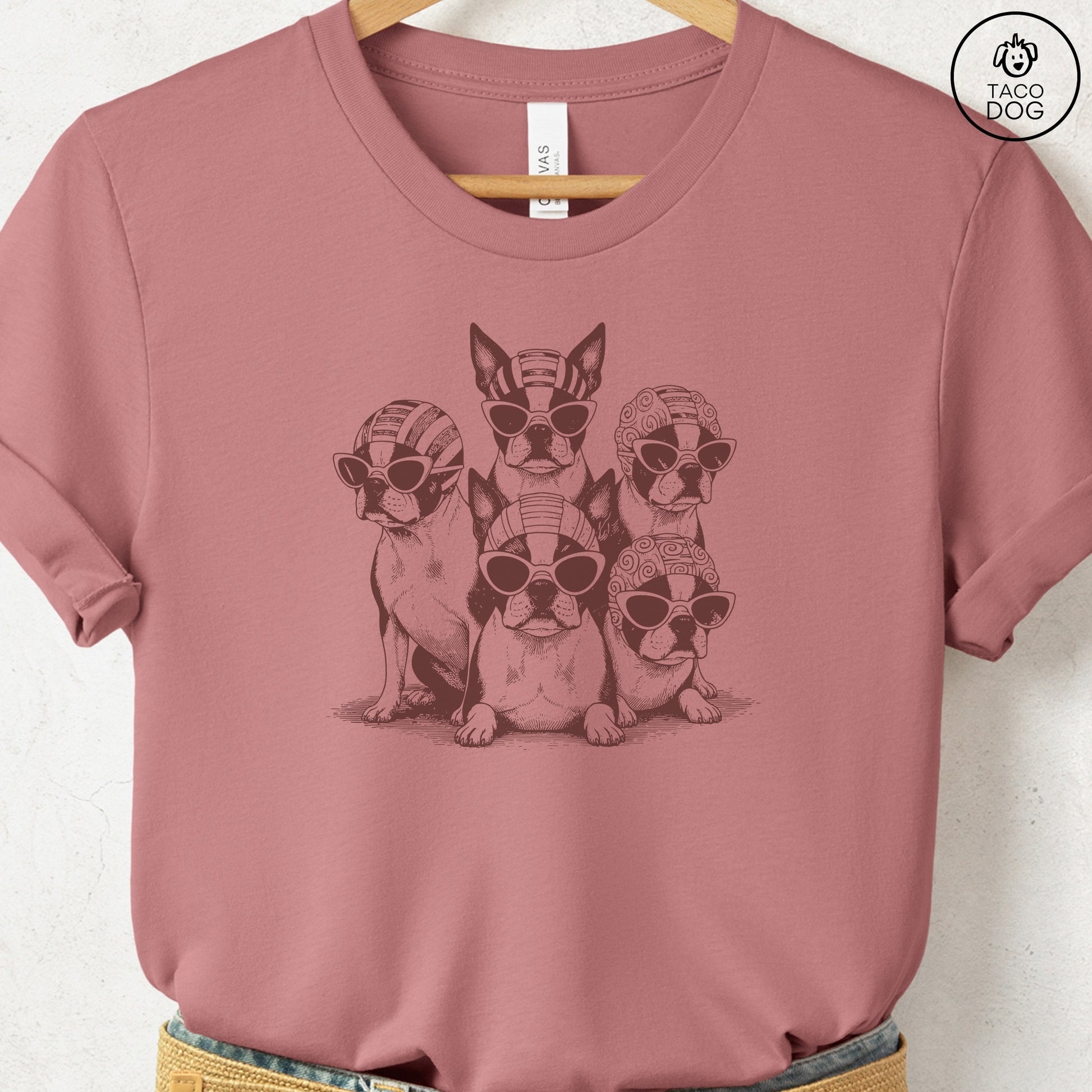 Boston Terriers Bathing Beauties T-Shirt Heather Mauve S Taco-Dog