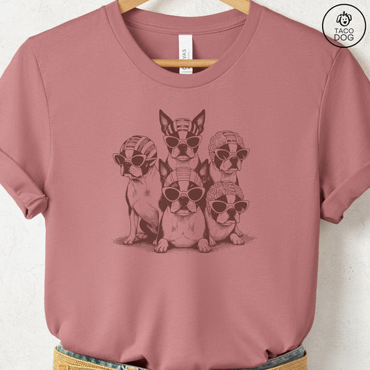 Boston Terriers Bathing Beauties T-Shirt Heather Mauve S Taco-Dog