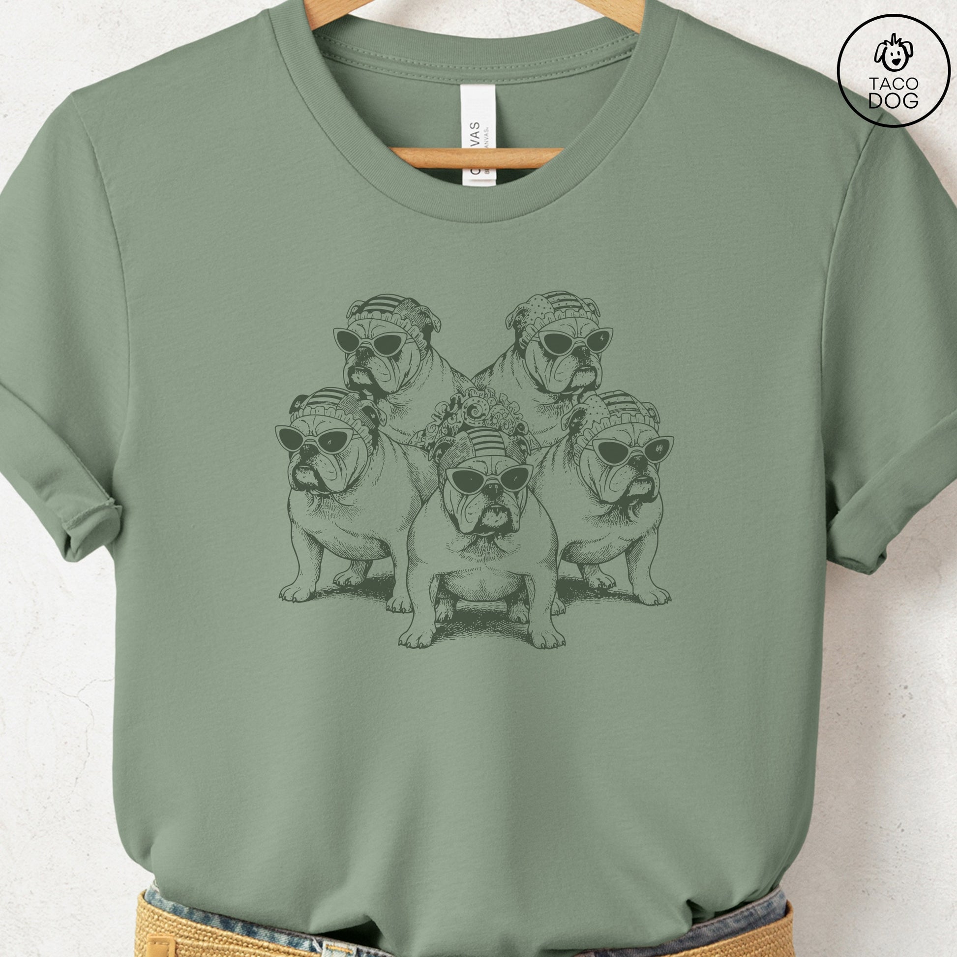 English Bulldogs Bathing Beauties T-Shirt Sage S Taco-Dog