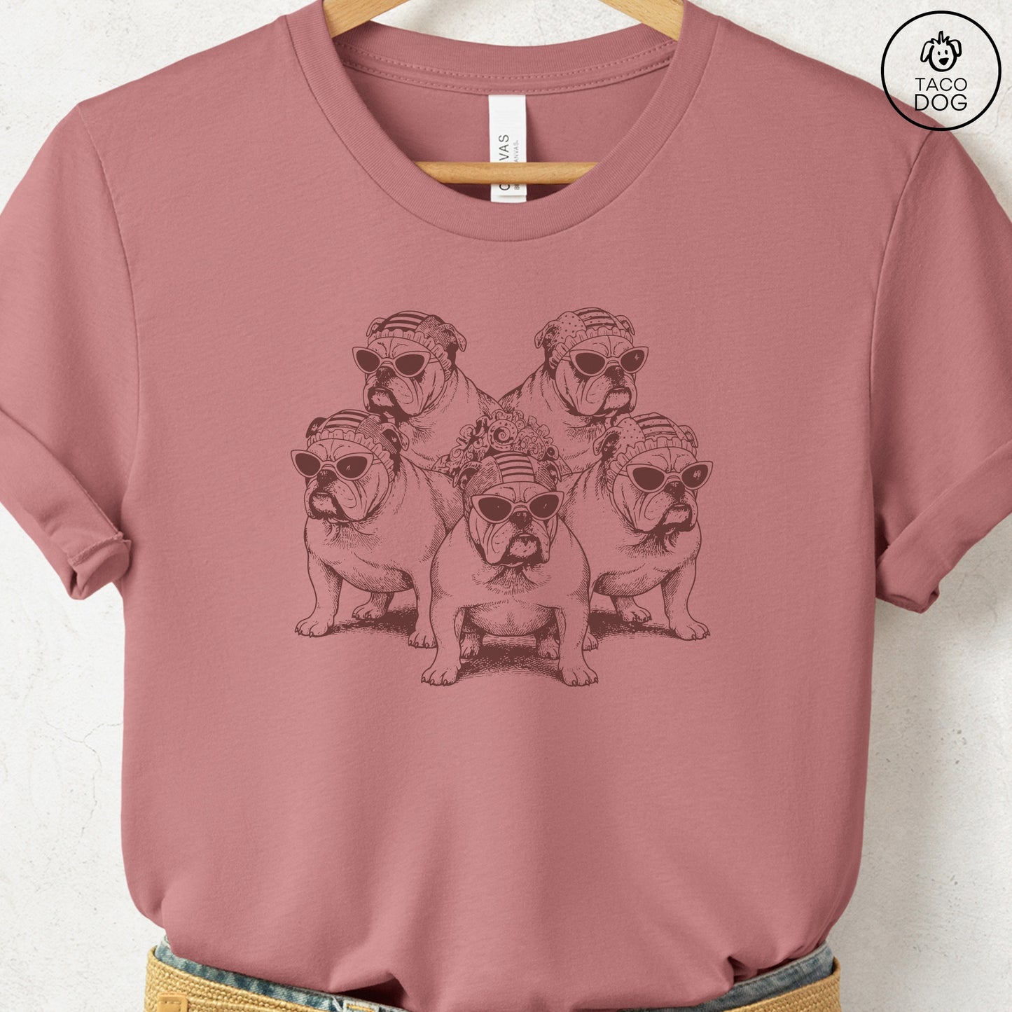 English Bulldogs Bathing Beauties T-Shirt Heather Mauve S Taco-Dog