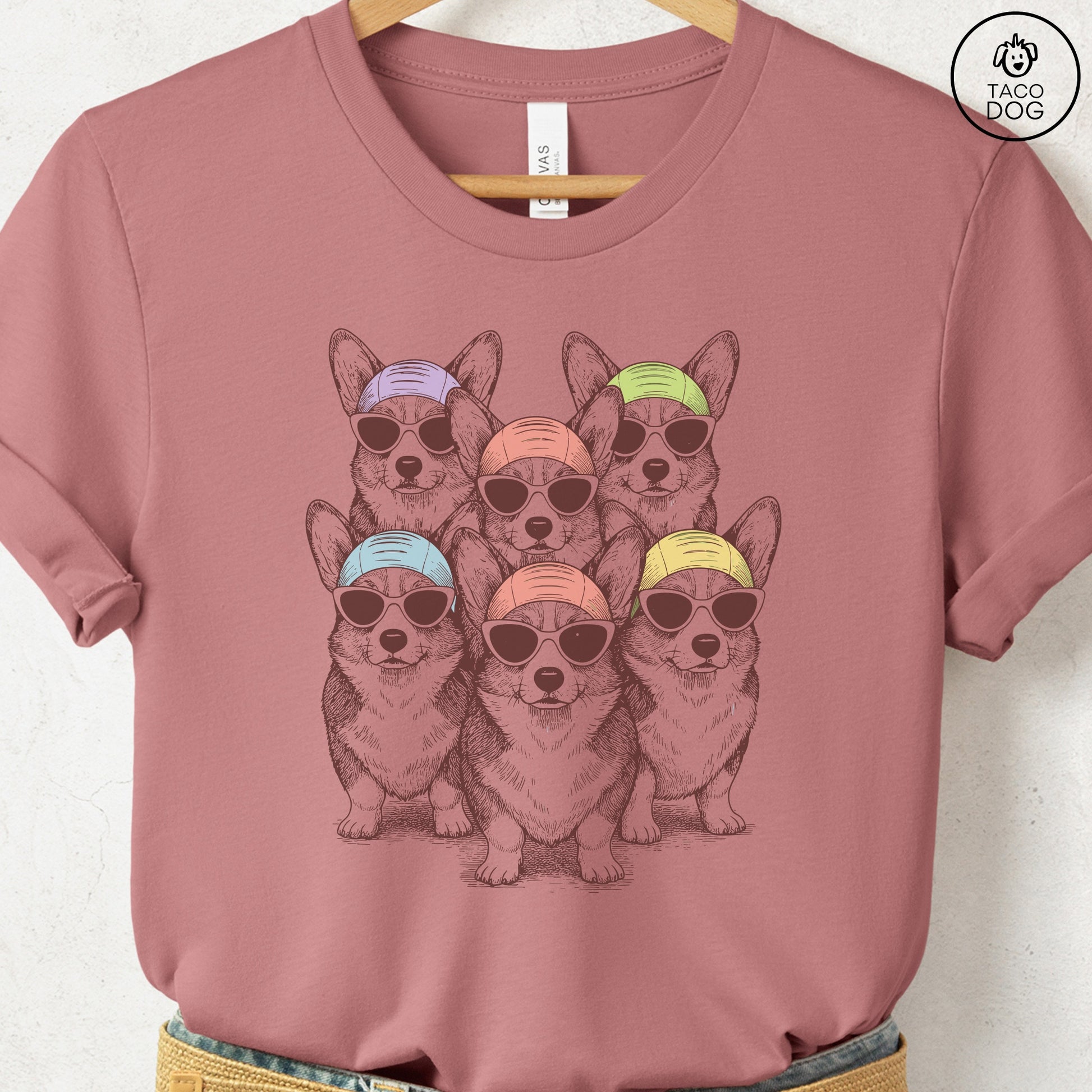 Corgi Bathing Beauties T-Shirt Heather Mauve S Taco-Dog