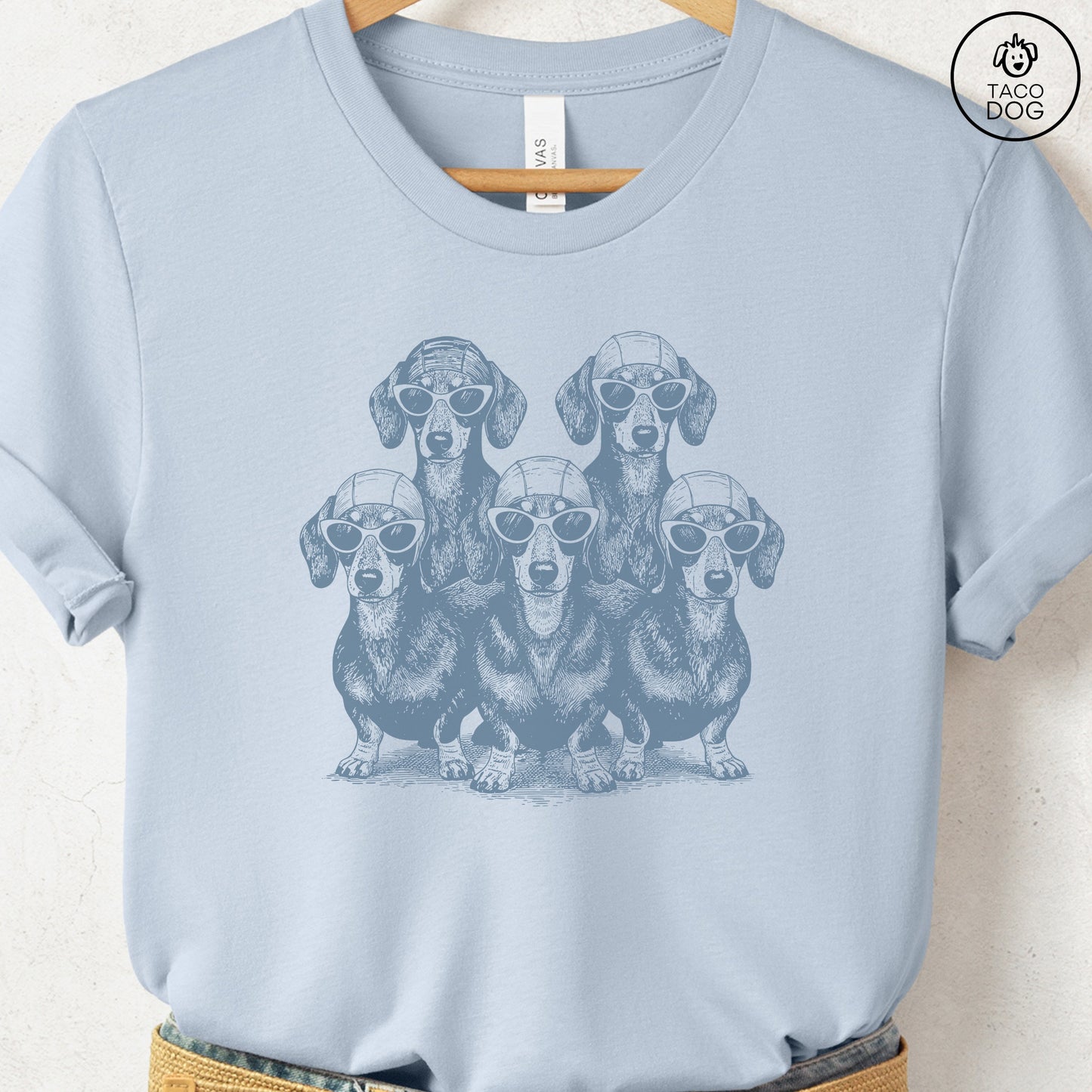 Dachshund Bathing Beauties T-Shirt Light Blue S Taco-Dog