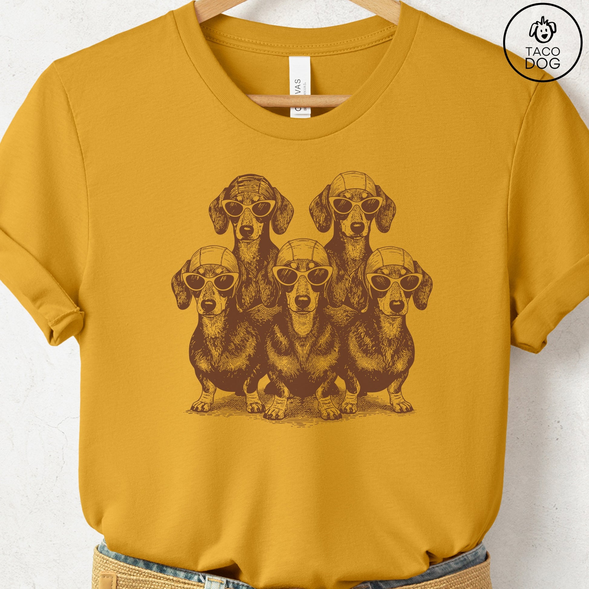Dachshund Bathing Beauties T-Shirt Mustard S Taco-Dog